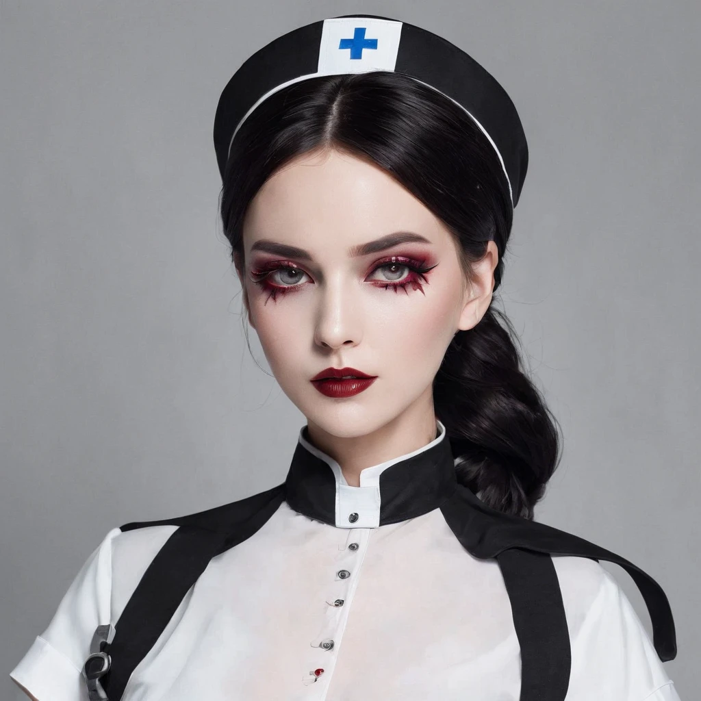 Girl in nurse costume、short dark hair、Gothic makeup、big soft breasts、