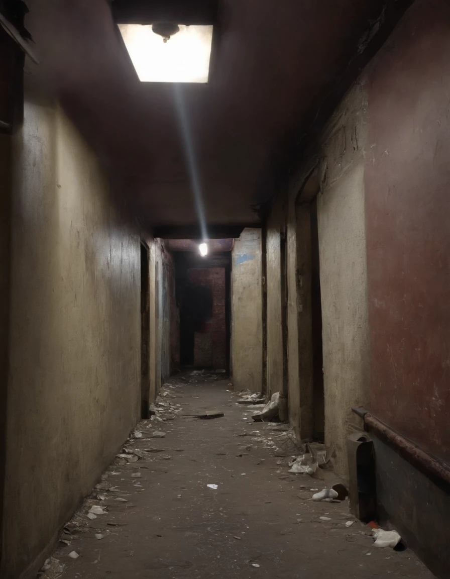 abandoned slum flats, liminal space, dark colors, soft lighting, night, garbage on floor, posters on wall, graffiti, long exposure, full frame camera, ultra detailed, ultra hd, highly texture, dramatic