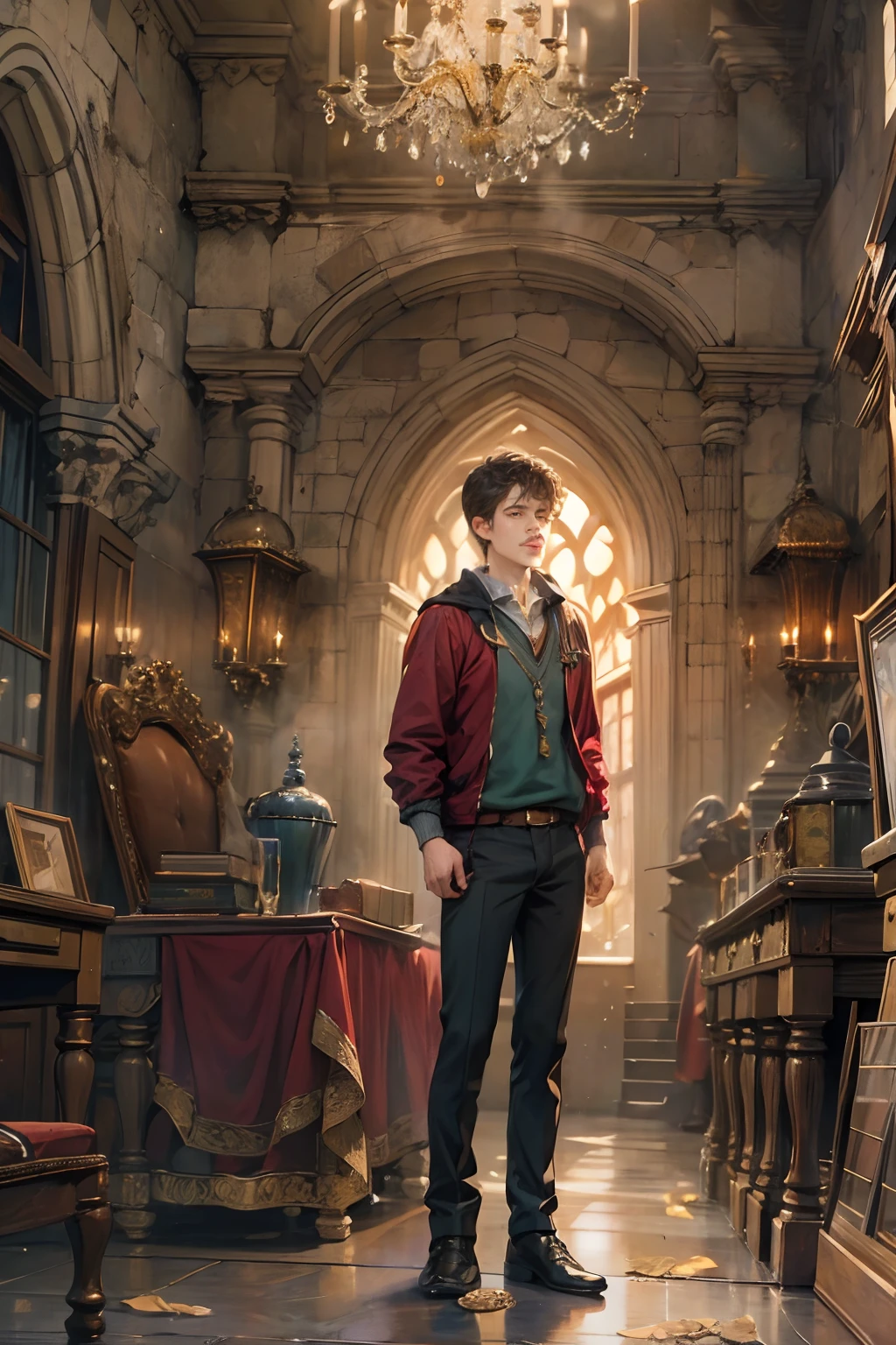 (absurdres, highres, ultra detailed, HDR), masterpiece, best quality, Harry Potter character inside hogwarts, handsome face, anime eyes, detailed interior, detailed character