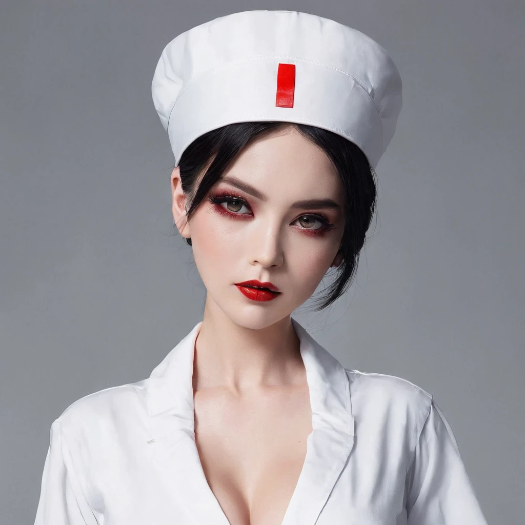 Girl in Nurse Costume、short dark hair、Gothic makeup、big soft breasts、Emphasize your breasts、Take off your clothes a little、