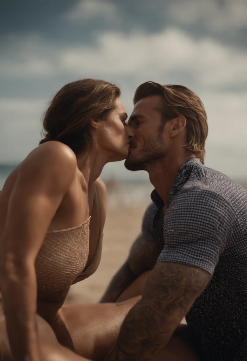 The man in his 45s with black very short hair and smooth face with moustache. The woman in her 45s with brown wavy long hair. The man is wearing an unbuttoned white shirt and black trousers. The woman is wearing a black evening dress. Night. Dark. On the beach. A campfire burns next to them. Missionary sex. The woman is moaning. Orgasm. Passion. Erotic. Realistic. Ultra realistic.
