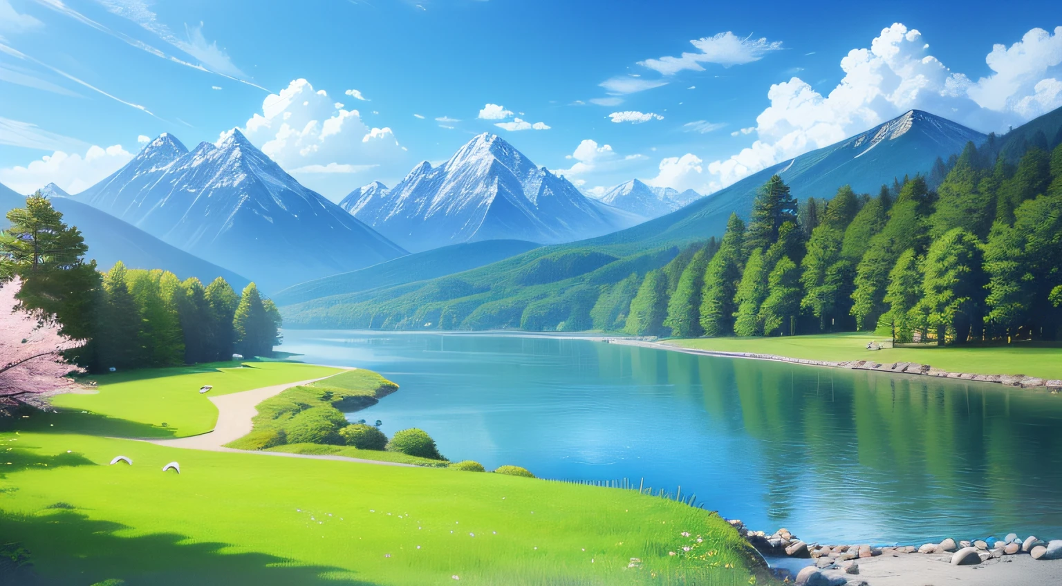 green grass landscape, azure river, small rocks, cherry trees, mountain, birds, white clouds, sunny weather