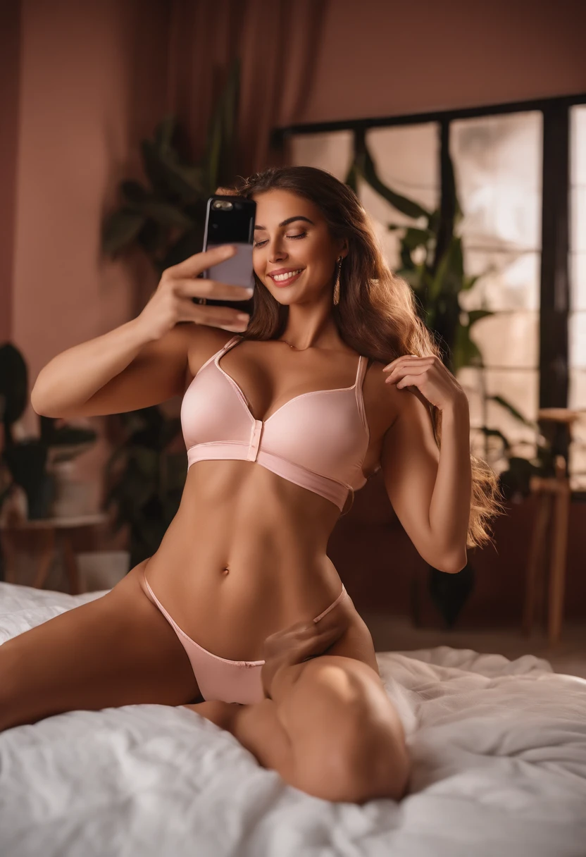 1 mujer ((selfie de cuerpo completo, feliz)), obra maestra, mejor calidad, ultra detallada,en habitacion estilo gamer con tonos rosas (warm hue, warm hue: 1.2), primer plano, cinematiclight, sidelit, ultra-high-resolution, mejor sombra, RAW,Pijama de cuerpo completo de unicornio , pechos enormes, 4k, acostada en la cama con los brazos estendidos hacia arriba con un rostro feliz