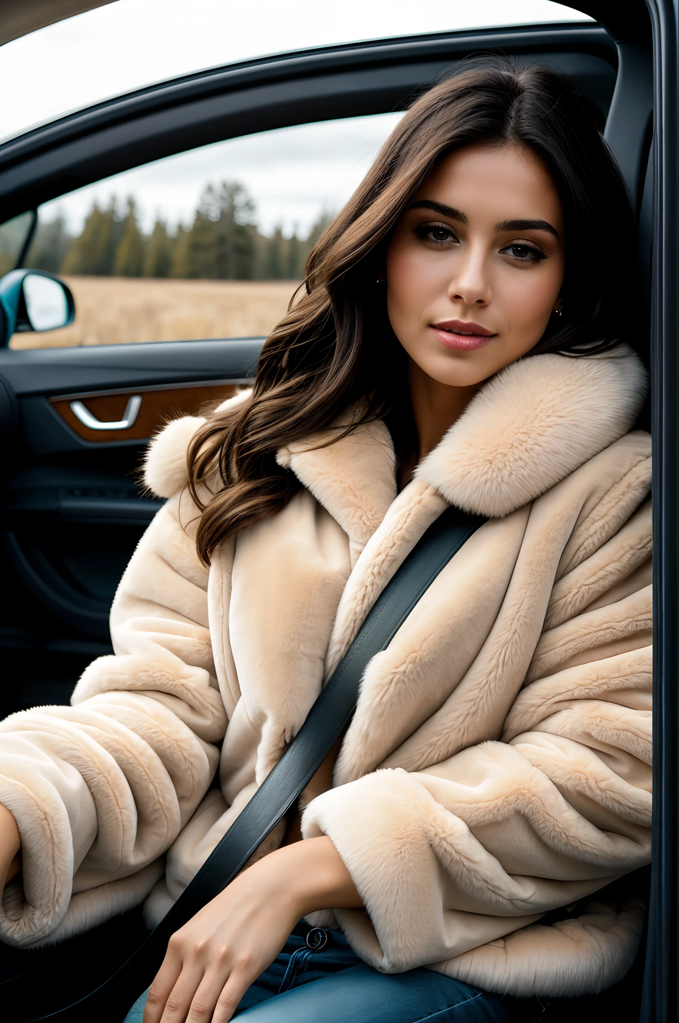 Beautiful woman in fur jacket in car direction, highes definition, hd, 8k