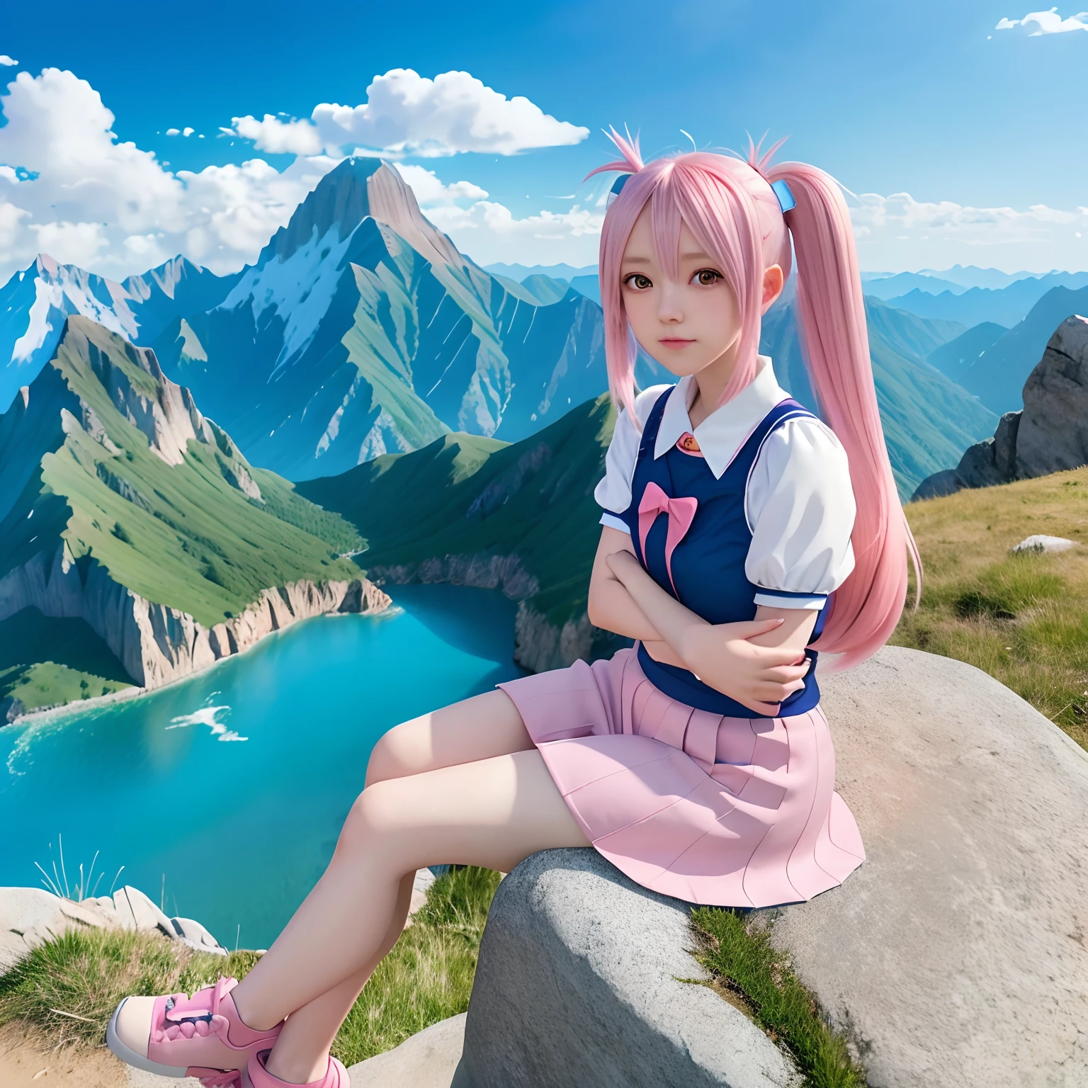 Anime girl sitting on rock，The background is a mountain, anime girl named lucy, rogue anime girl, Anime moe art style, anime best girl, (Anime girl), pink twintail hair and cyan eyes, High quality anime art style, Cute anime girl, An anime girl, Anime girl, up of young anime girl, pretty anime girl, Epic anime style