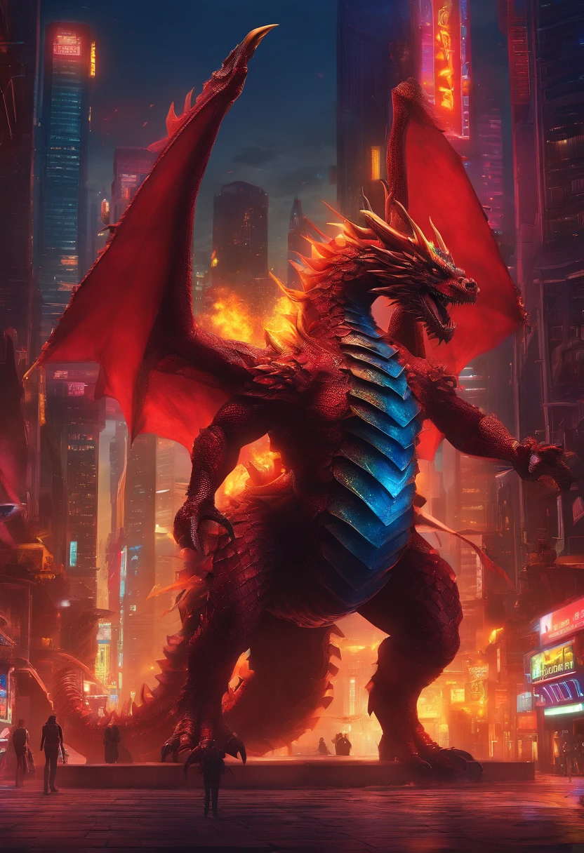 Dragon, color cobre, con una corona de cuernos, alas gigantes en su lomo, escupe electricidad por la boca, sobrevuela una gran ciudad futurista, Destruction, ojos azules, explosiones, el cielo es nocturno con una luna grande de fondo.