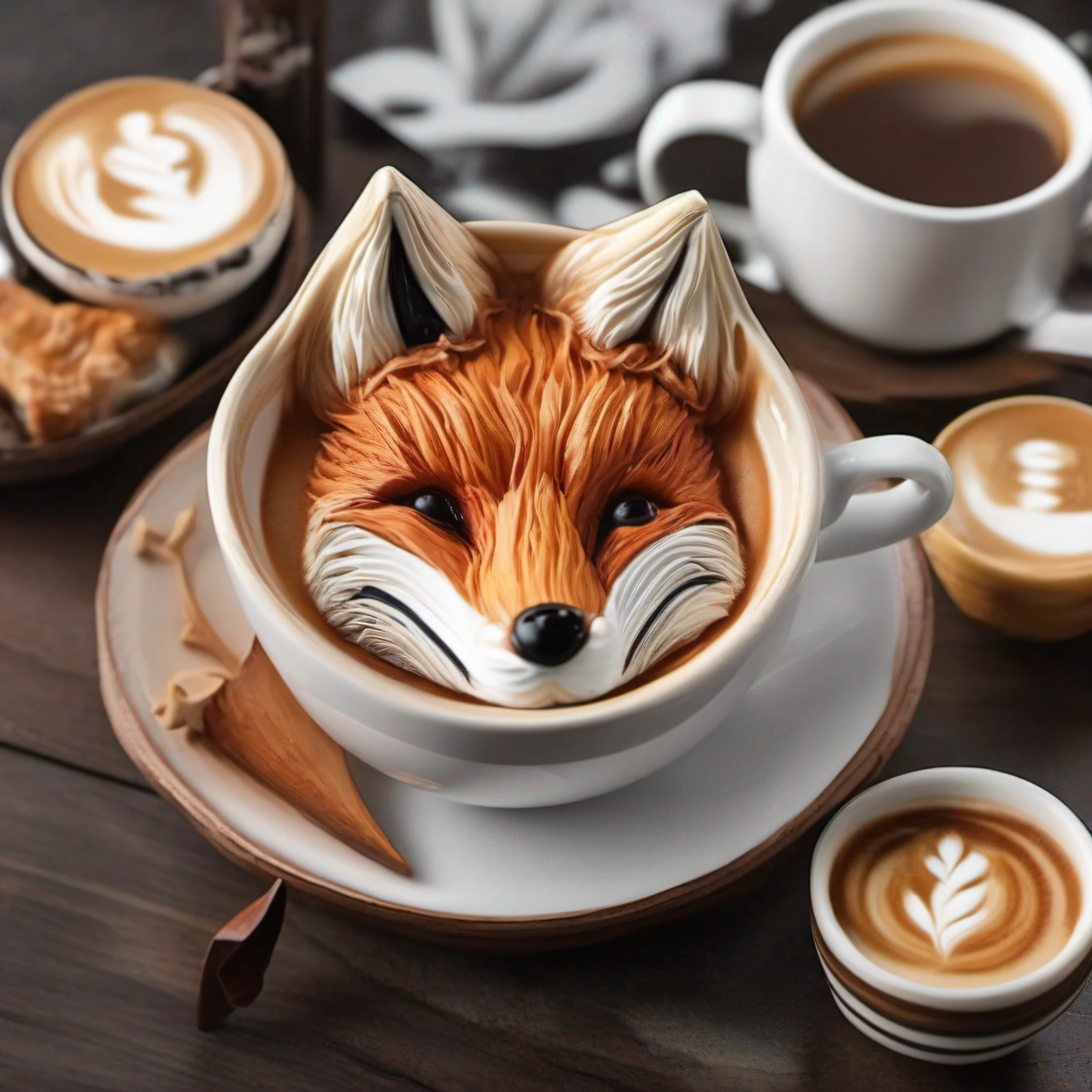 Café Latte、Latte art、(Express the fox head with latte art)、master piece、A hyper-realistic