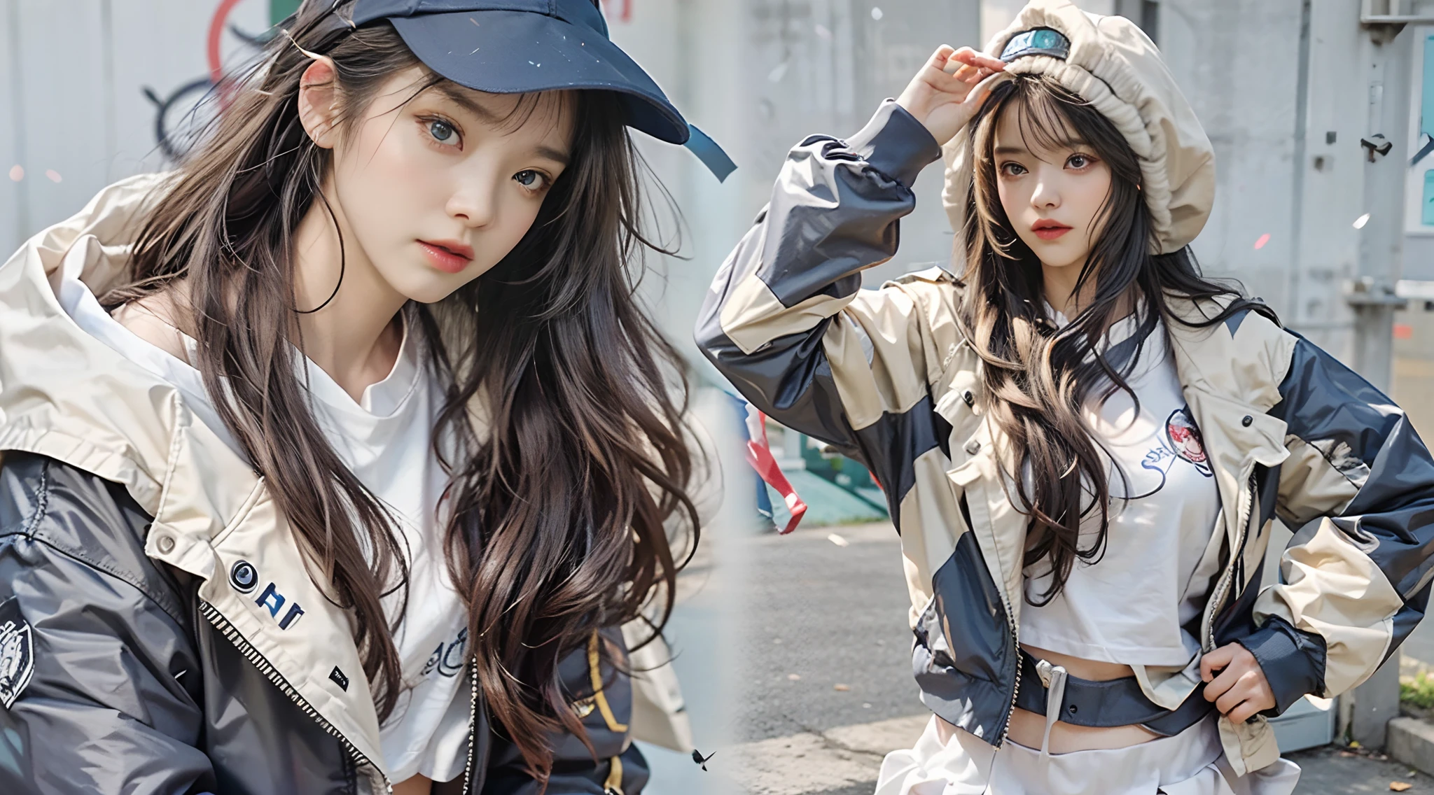 (Hyper-realistic) , (illustratio), (Increase the resolution), (8K), (RAW photos,best qualtiy),(realisticlying,photograph realistic:1.3),best qualtiy,highly detailed,tmasterpiece,Hyper-detailing,one-girl,Stylish crop top sweatshirt, Windbreaker long skirt,Poster on the front。