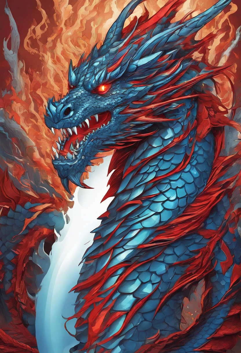 (Dragon celestial dorado) con (ojos penetrantes de color rojo),primer plano soltando (fuego de sangre) por la nariz,escamas bulumetricas,alta calidad,8k,muchos detalles,paticulas de fuego,alas,4patas,garraz manchadas,oro,peligro,fuego,dientes filosos,dragon gigante,colosal,amenazante,imponente,escamas azules