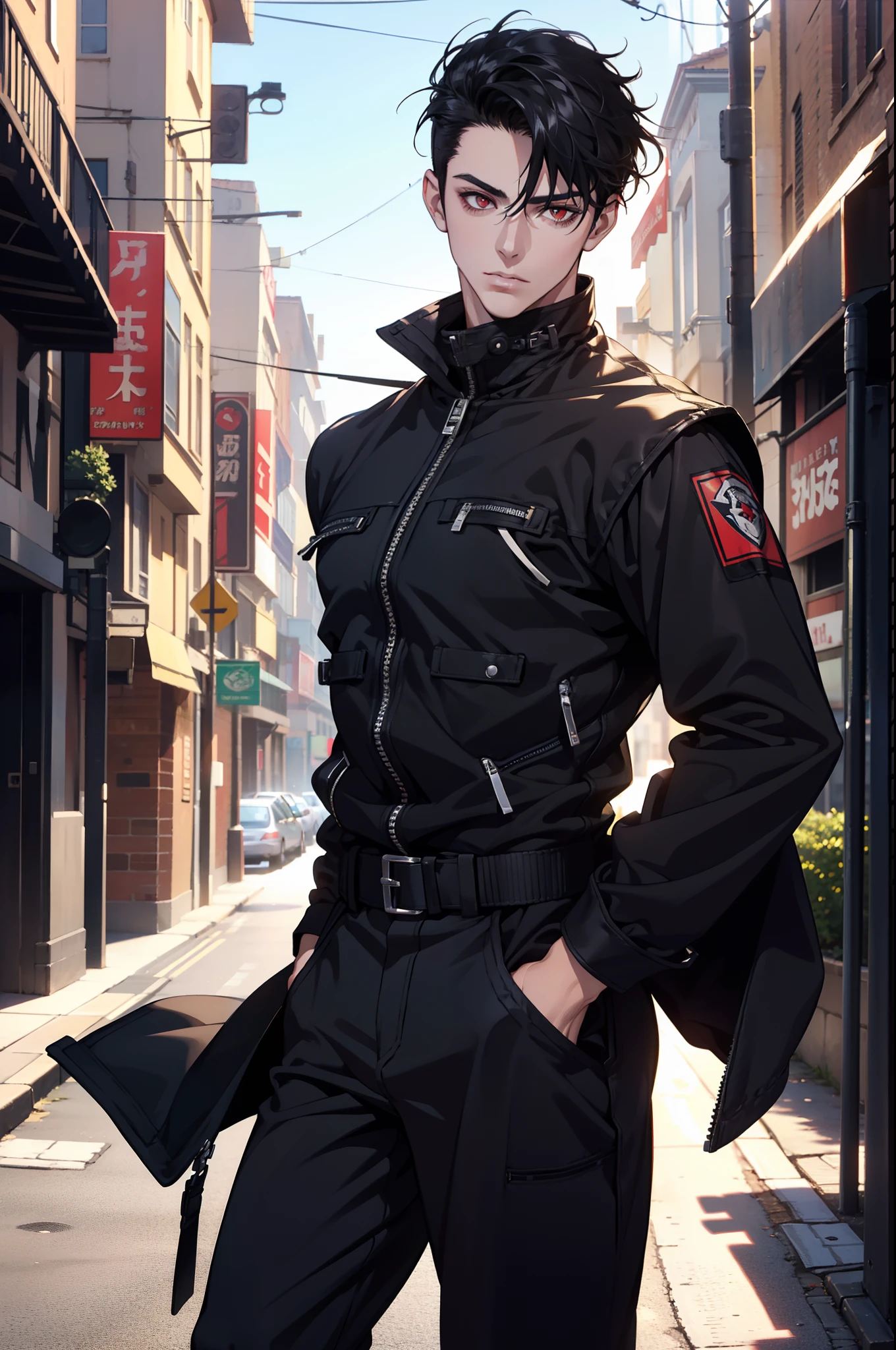 1 male, Beautiful boy, Body Length 180, 20 years old, (black short hair, Street hairstyle) , ((red eyes)), realistic eyes, beautiful and sharp eyes), Men's Clothing, Biker clothing, muscles, (8k wallpaper), (street background) 8k, Quilty Altitude, Realistic, Beautiful realism, outstanding detail, RAW photo, Realistic clothes, Black hair, realistic hair, realistic eyes, Light and cool lighting, realistic photo, Cel shaded, Gel lighting, ultra-detail, ((Street bike riding)), (In the morning)