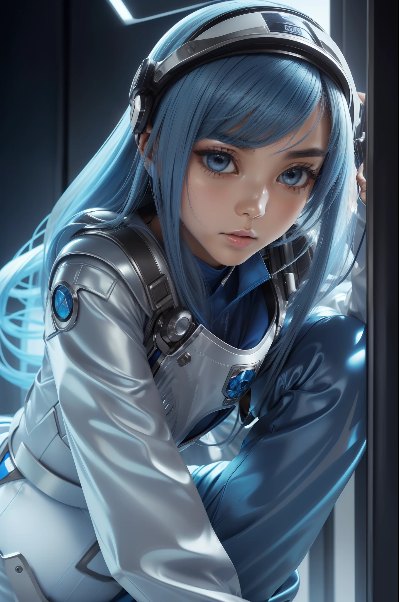 (master part, extremely high quality, highest resolution, diferente_imagem, Detalhes detalhados): (sozinho, lone girl, Japan face, de cabelo azul, atalho, figura de corpo inteiro, Seios de tamanho pequeno, olhos azuis cintilantes, pilot suit in metallic white and blue color, roupas justas, roupas cobrindo todo o corpo, beleza, corpo magro, exosqueleto, pose sexy, heroine, capacete de rosto completo, botas de joelho)