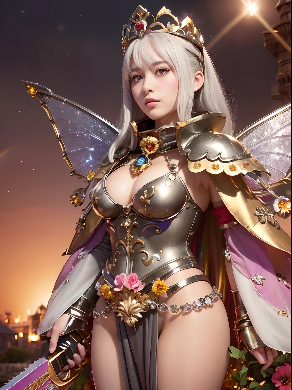 (masutepiece), Professional , ​masterpiece、top-quality、photos realistic , depth of fields （Gemstone Flower Metal Body:1.4),(Matte Silver、Jewel Gold Weapon、（Gorgeous castle background）、（ultimate beauty girl）、（Flower rainbow fairy wings grow）、（Jewel Flower Metal Body:1.９),Gorgeous Jewel Metal Weapons , Detailed Sword of the Brave ,（ a blond）   ,warhammer 40k ,(（Floral Micro Bikini）)、Particles of light、（Beautiful flower garden background）、 adepta sororitas,Detail and ornate jewel crown、2guys、Brown hair、（Gangle's forest background）、Beautiful Caucasian beauty、dynamic ungle,(((Diamond tiara with detail and luxury)))、a small face、Powerful poses、（Gorgeous castle background）、huge filesize、20 year old beautiful woman、Thin female fingers、Straight long hair、Beautiful Caucasian beauty、Valley、Fairy of Light、Particles of light、
