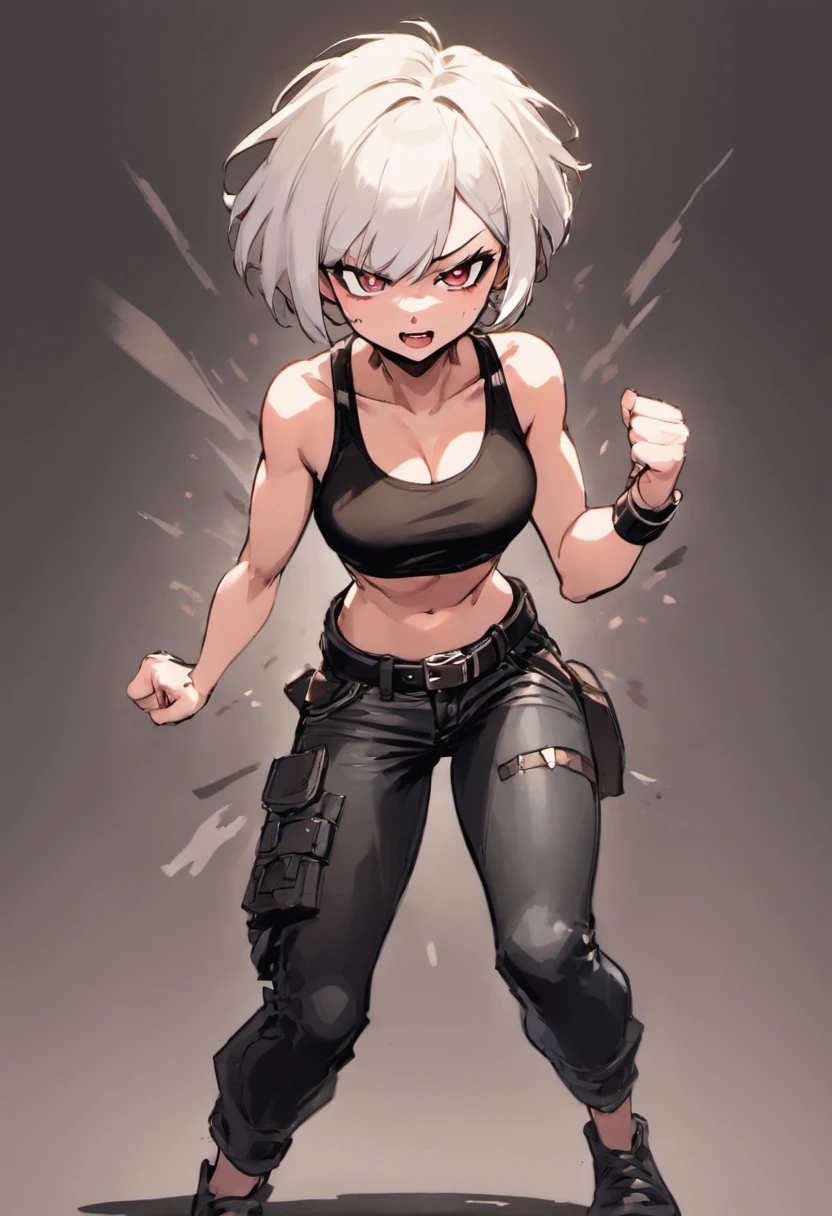 Female, with white short hair, bobcat style, wearing ripped tank top shirt, belt, and tight leather pants, in fighting pose