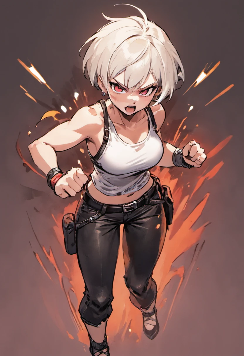 Female, with white short hair, bobcat style, wearing ripped tank top shirt, belt, and tight leather pants, in fighting pose