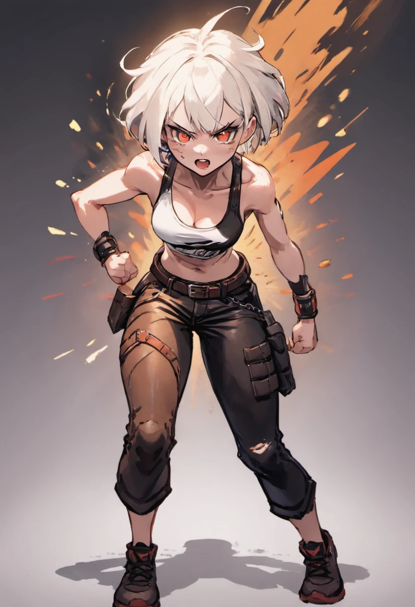 Female, with white short hair, bobcat style, wearing ripped tank top shirt, belt, and tight leather pants, in fighting pose