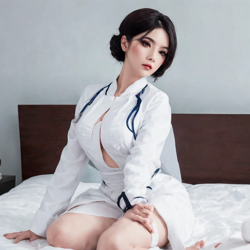 tmasterpiece, ((1 pretty girl)), Best quality at best,(Realistis: 1.4), RAW photogr, cinmatic lighting, ssmile, a asian beauty, Super beautiful, Beautiful skins, (illustratio), (A high resolution), (8K), (The is very detailed), (Most Best Illustration), (详细的脸), finely detailled, in the darkness nigth, deep shading, low tune, pureerosfaceace_V1, ssmile, long whitr hair, hair straight, 46-point diagonal bangs,(pregnant:0.5),((full bodyesbian:1.6)),Exquisite wedding dress,upper legs,