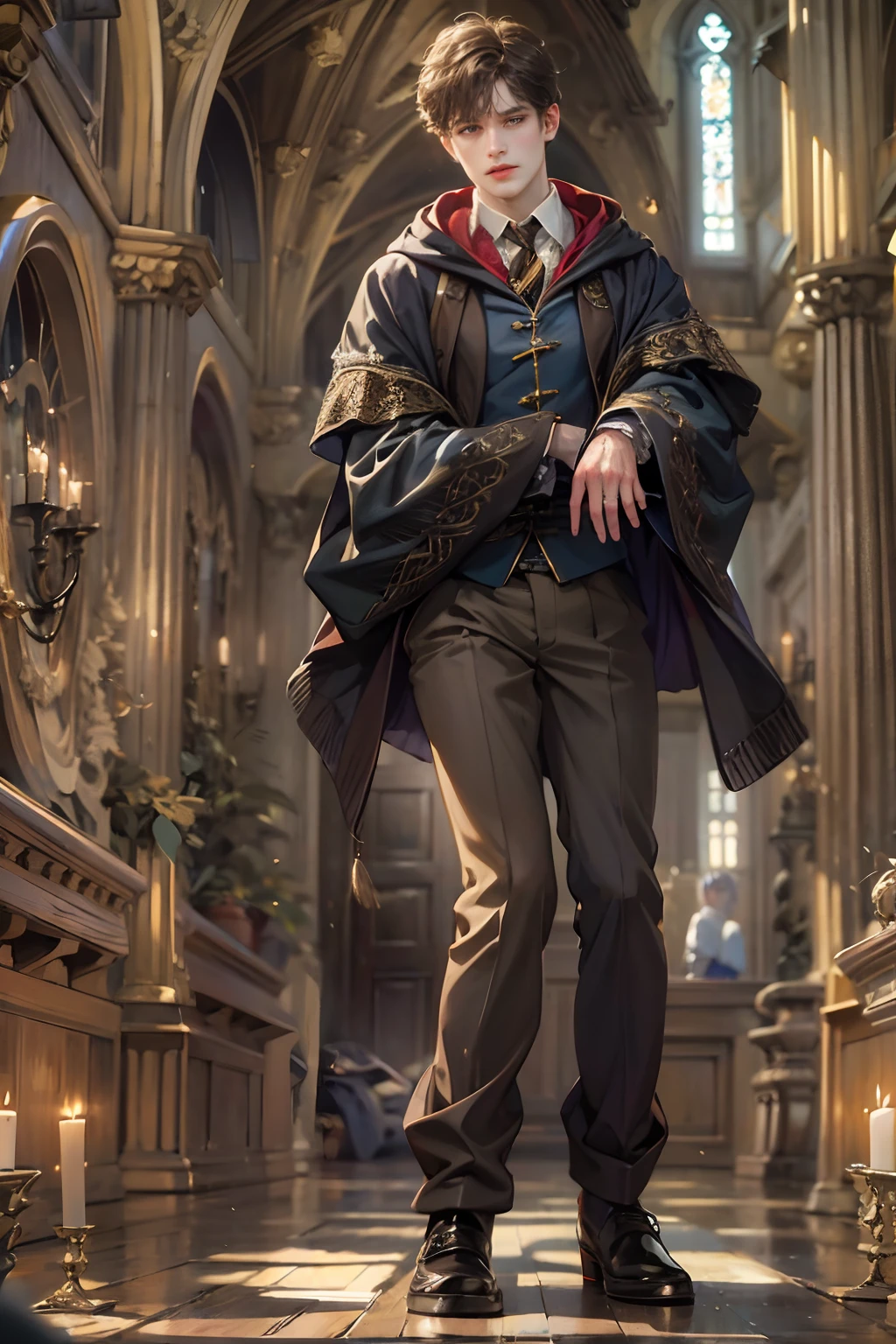 (absurdres, highres, ultra detailed, HDR), masterpiece, best quality, Harry Potter character inside hogwarts, handsome face, anime eyes, detailed interior, detailed character