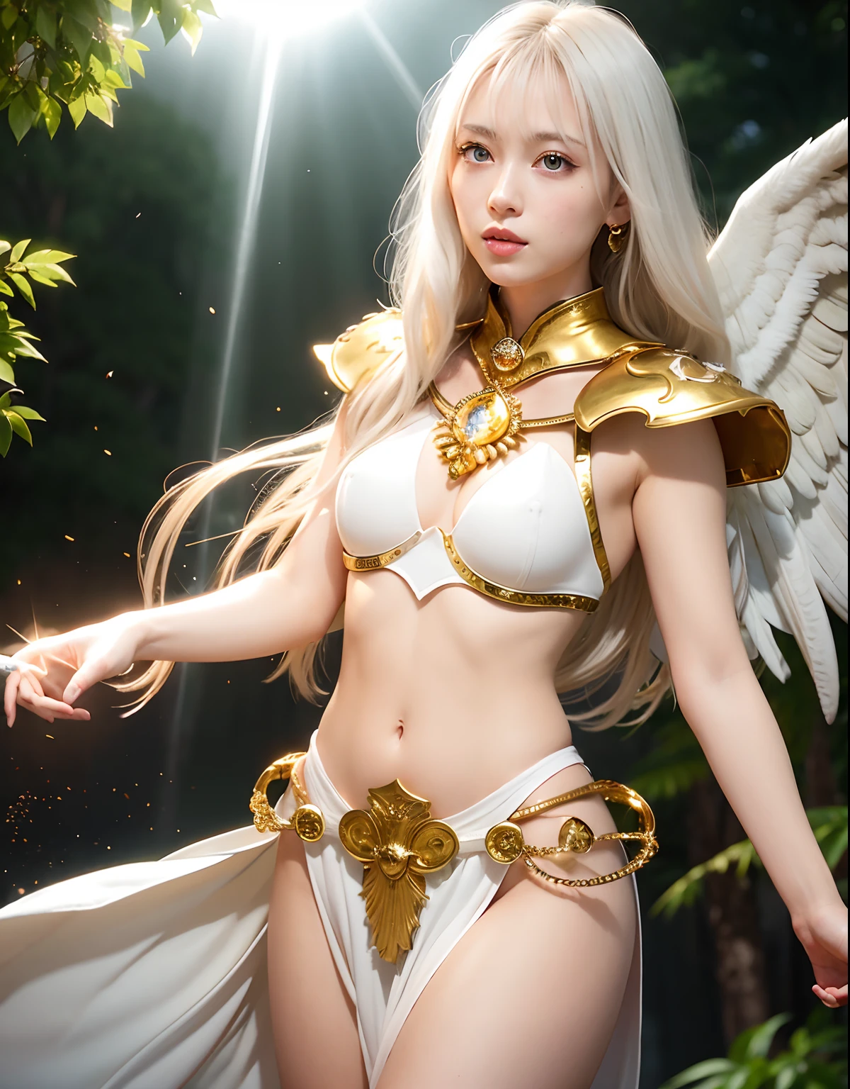 Professional , ​masterpiece、top-quality、photos realistic , depth of fields 、（White bikini armor)、（Particles of light）、Jewel Gold Weapon、Particles of light),Gorgeous gold weapons ,（（ Gorgeous Dragon Sword）） , （White angel wings grow）,（maikurobikini） 、（（White hair））、（Castle background）、（（Gangle's forest background））、Beautiful Caucasian beauty、１a person、dynamic ungle,(((A small ring of light floating overhead)))、Smaller head、Idle Smile、Thin and beautiful female hands、Mystical expression、Light Effects、intense fighting、Wind-effect、magic circles、（White angel wings grow）、