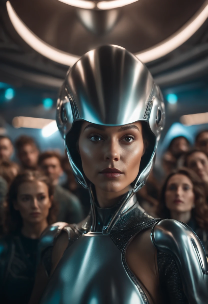 Selfie of alien, Between people, the are In the background, A silver spaceship;, Ultra photo realsisim, cinematic ligh, 8K