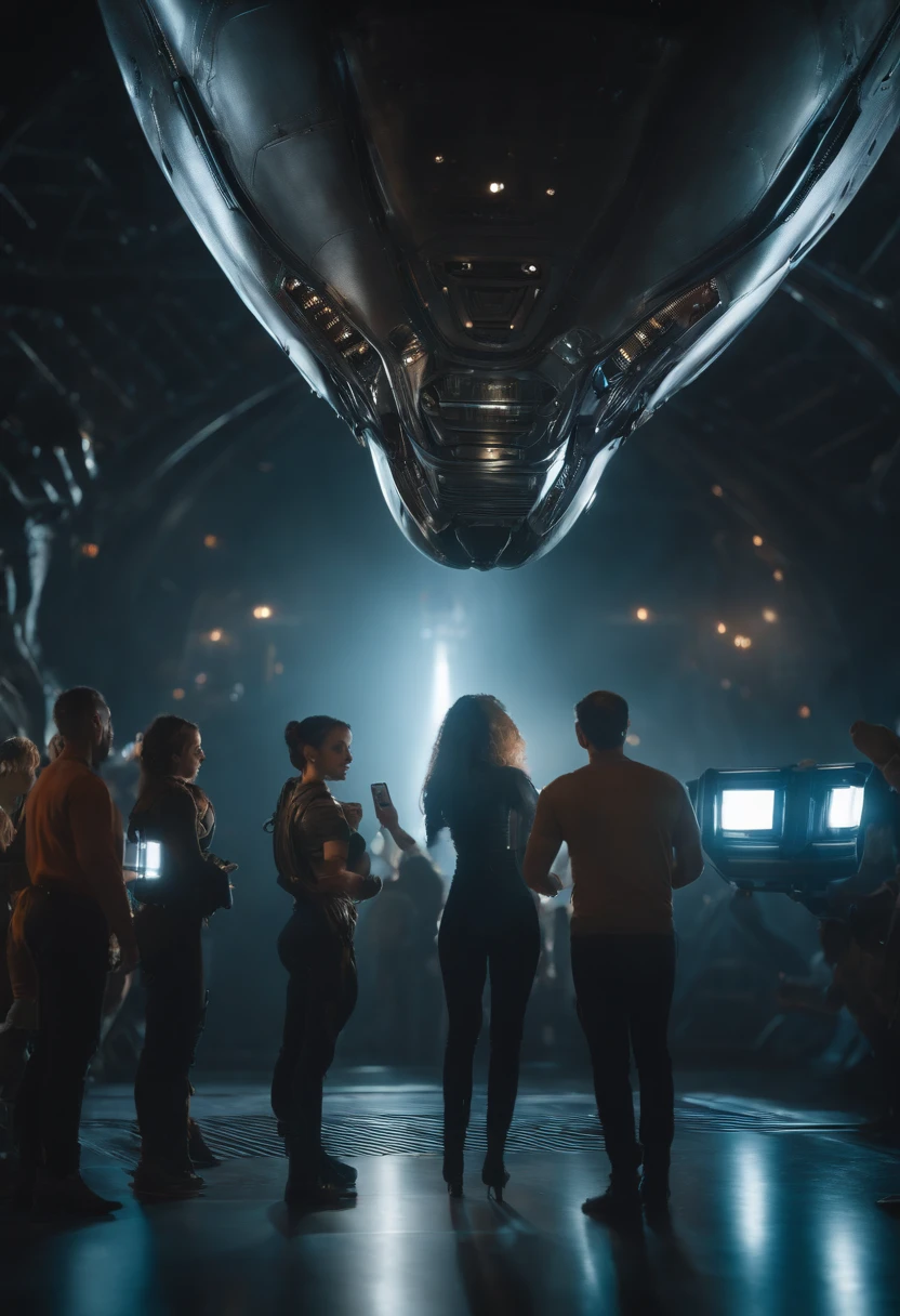 Selfie of alien, Between people, the are In the background, A silver spaceship;, Ultra photo realsisim, cinematic ligh, 8K