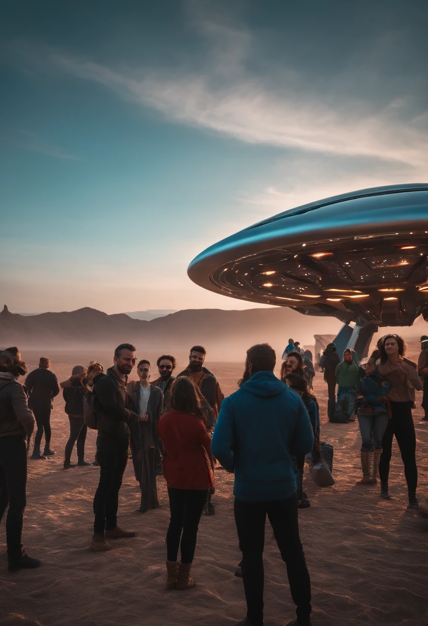 Selfie of alien, Between people, the are In the background, A silver spaceship;, Ultra photo realsisim, cinematic ligh, 8K