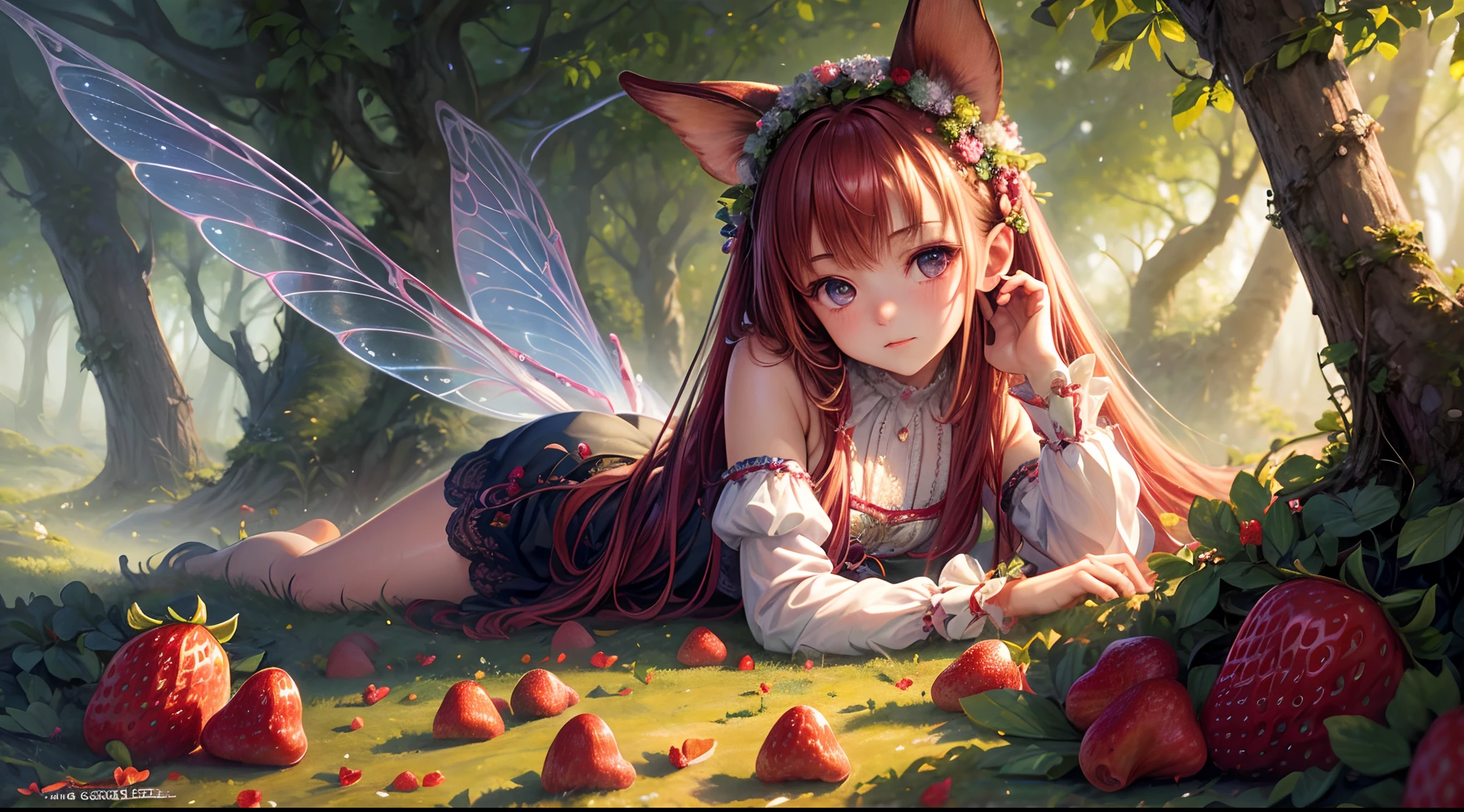 ( Absurd, High quality, ultra-detailed, masterpiece, concept art, smooth, highly detailed artwork, hyper-realistic painting ) , , strawberry girl, Strawberries, cute, whole body, Romantic, Vivid, dreamy, fantasy, fairy wings, in the forest, enchanting glow, very detailed art, reveal clothes, sexy lace underwear