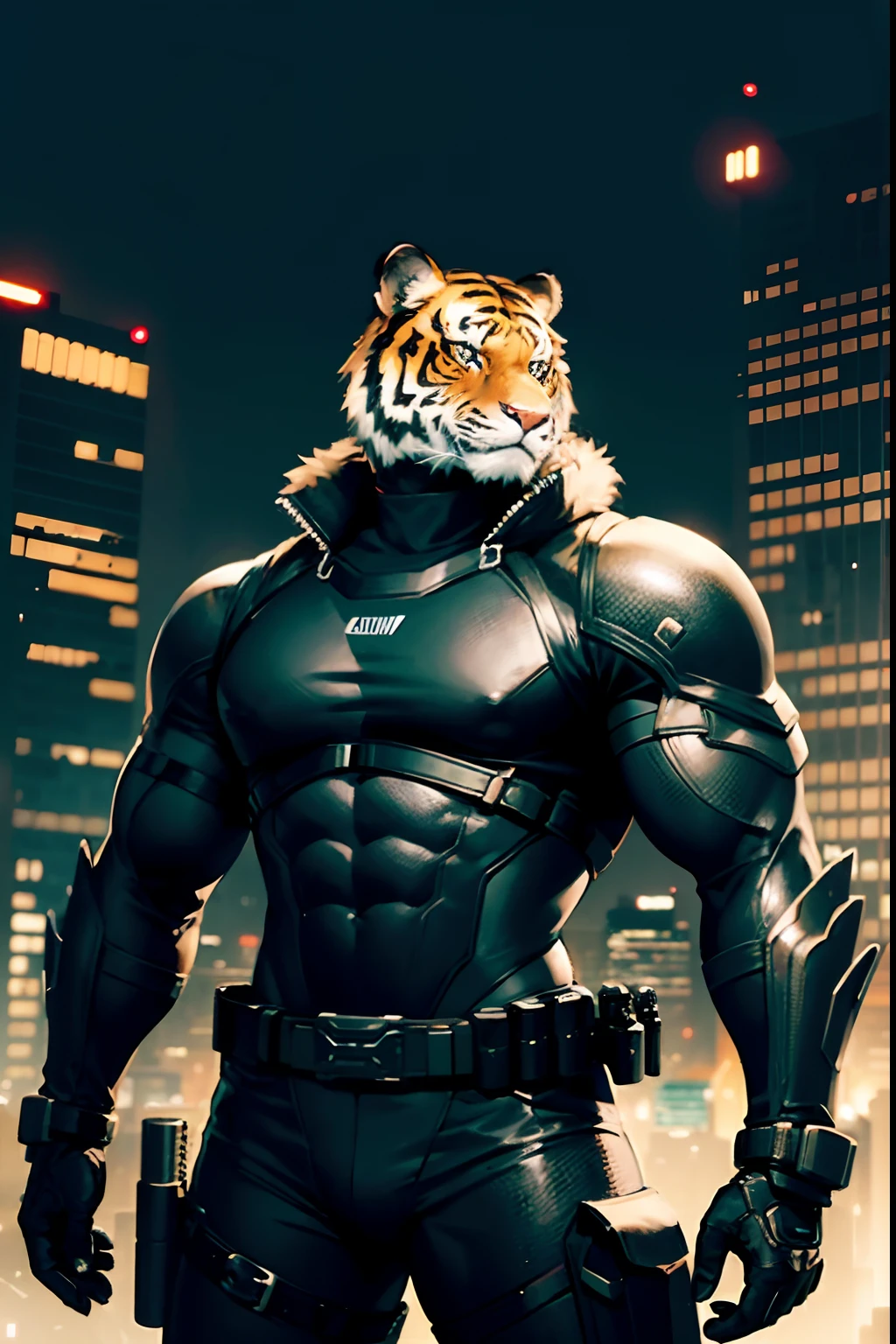 anthropomorph furry tiger cyberpunk commando officer, wear black kevlar armor, muscular body, on top of skycaper roof, city at night background