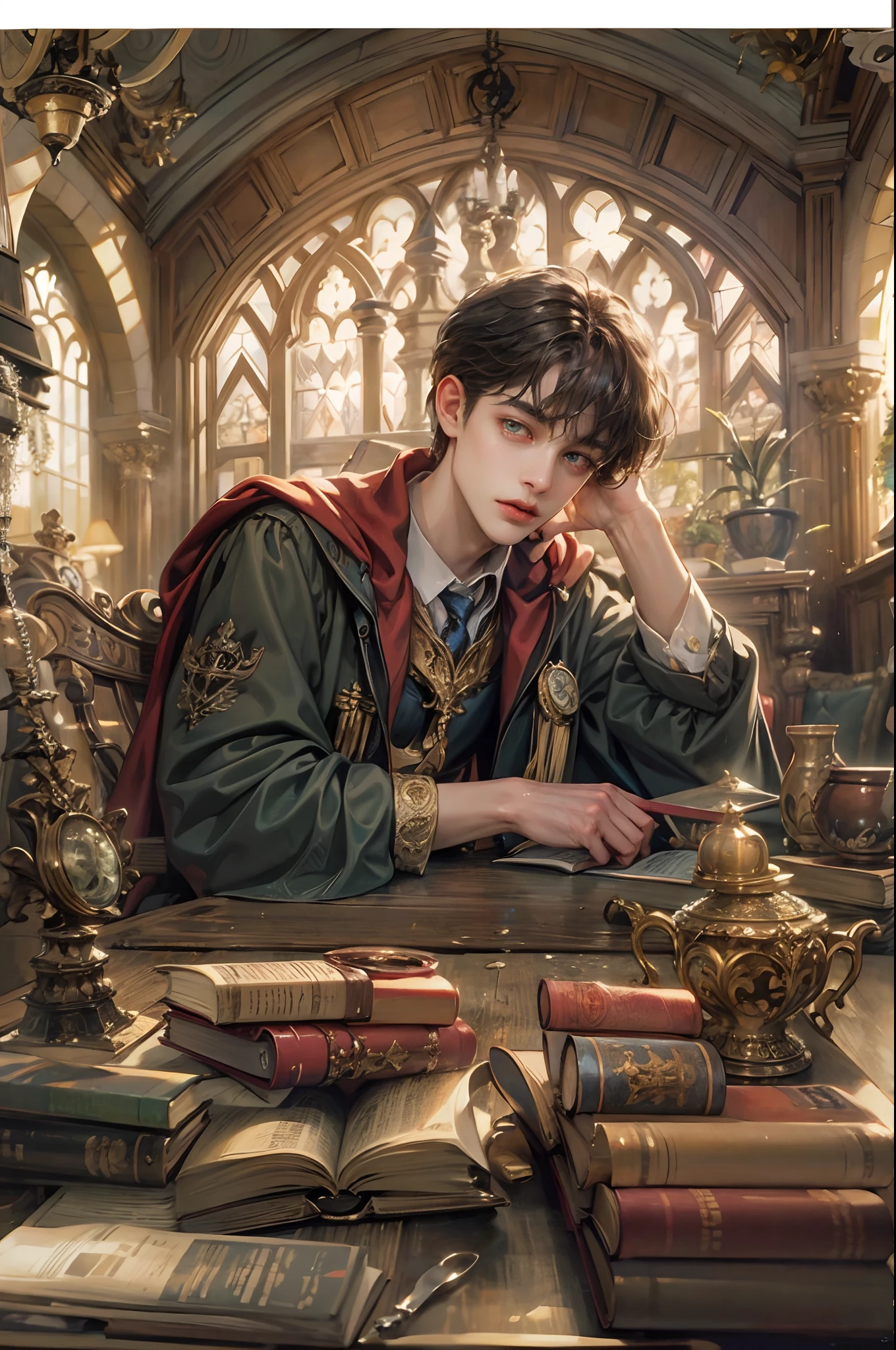 (absurdres, highres, ultra detailed, HDR), masterpiece, best quality, Harry Potter character inside hogwarts, handsome face, anime eyes, detailed interior, detailed character