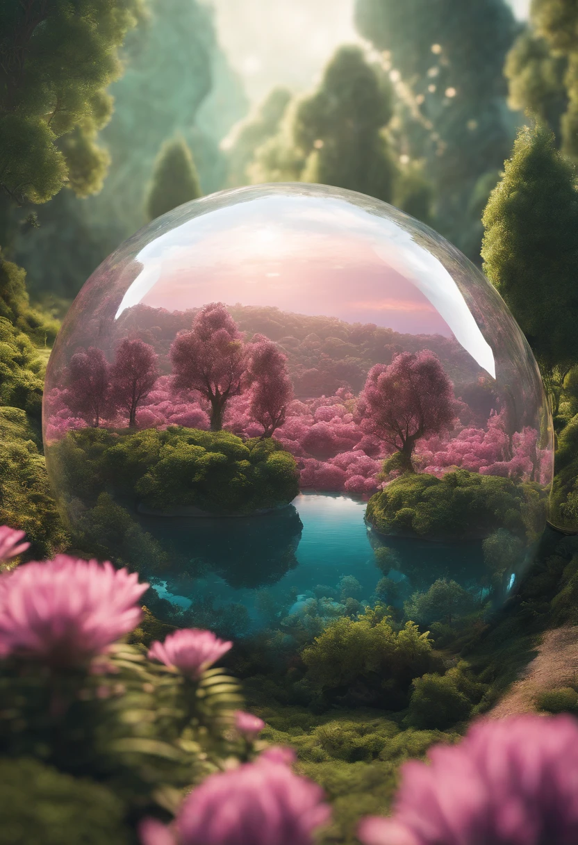 (((masterpiece))) (((best quality))) glass sphere, close-up of a planet with a bunch of trees on it, overgrown planet, green planet, fractal world, fantasy overgrown world, fantasy planet, Dyson sphere, pink planet, 3D render beeple, planetary landscape, round planet inspired by Jofra Bosschart, planet, futuristic world, psychedelic flower planets, ethereal world, (outgoing glow)