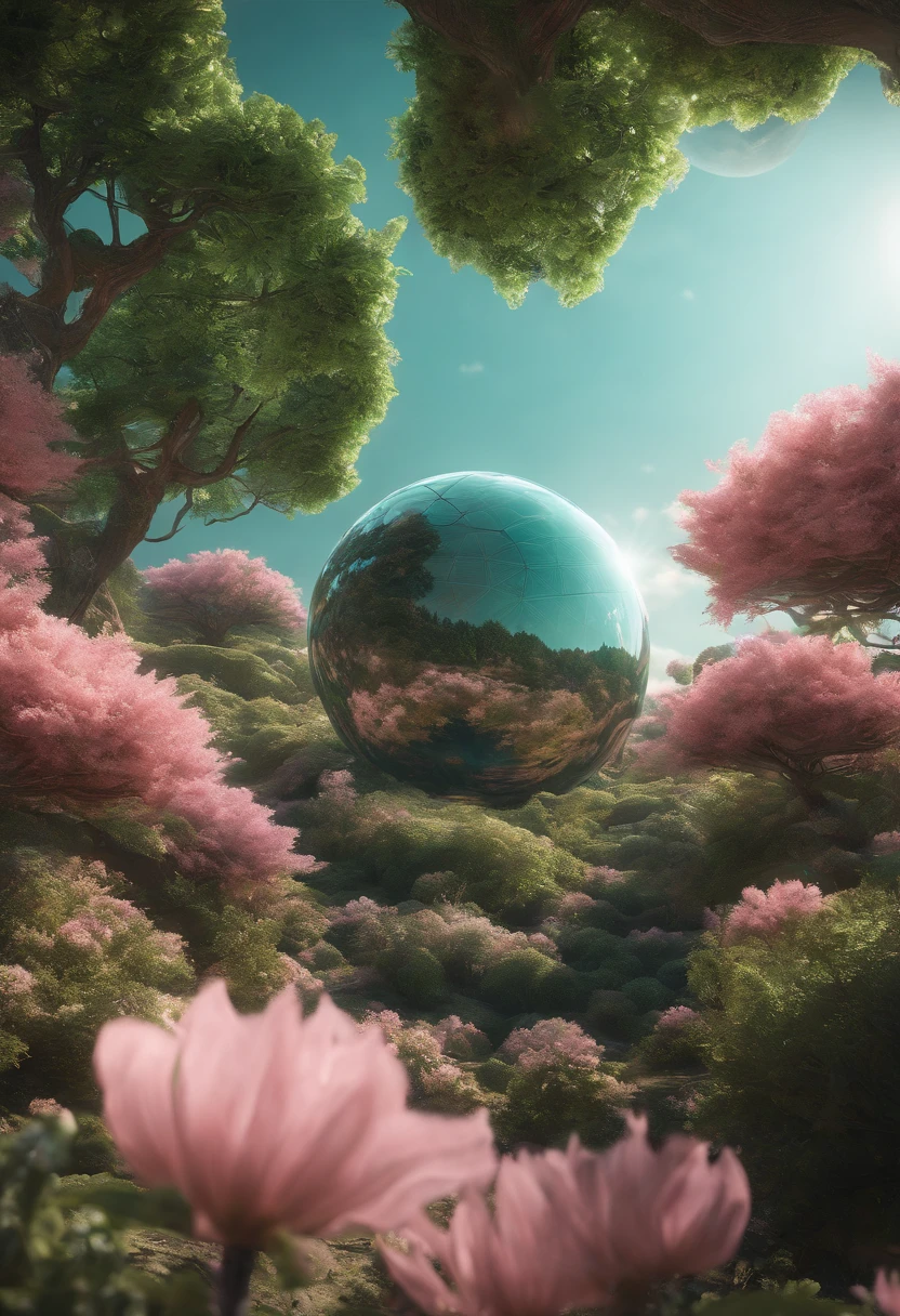 (((masterpiece))) (((best quality))) glass sphere, close-up of a planet with a bunch of trees on it, overgrown planet, green planet, fractal world, fantasy overgrown world, fantasy planet, Dyson sphere, pink planet, 3D render beeple, planetary landscape, round planet inspired by Jofra Bosschart, planet, futuristic world, psychedelic flower planets, ethereal world, (outgoing glow)