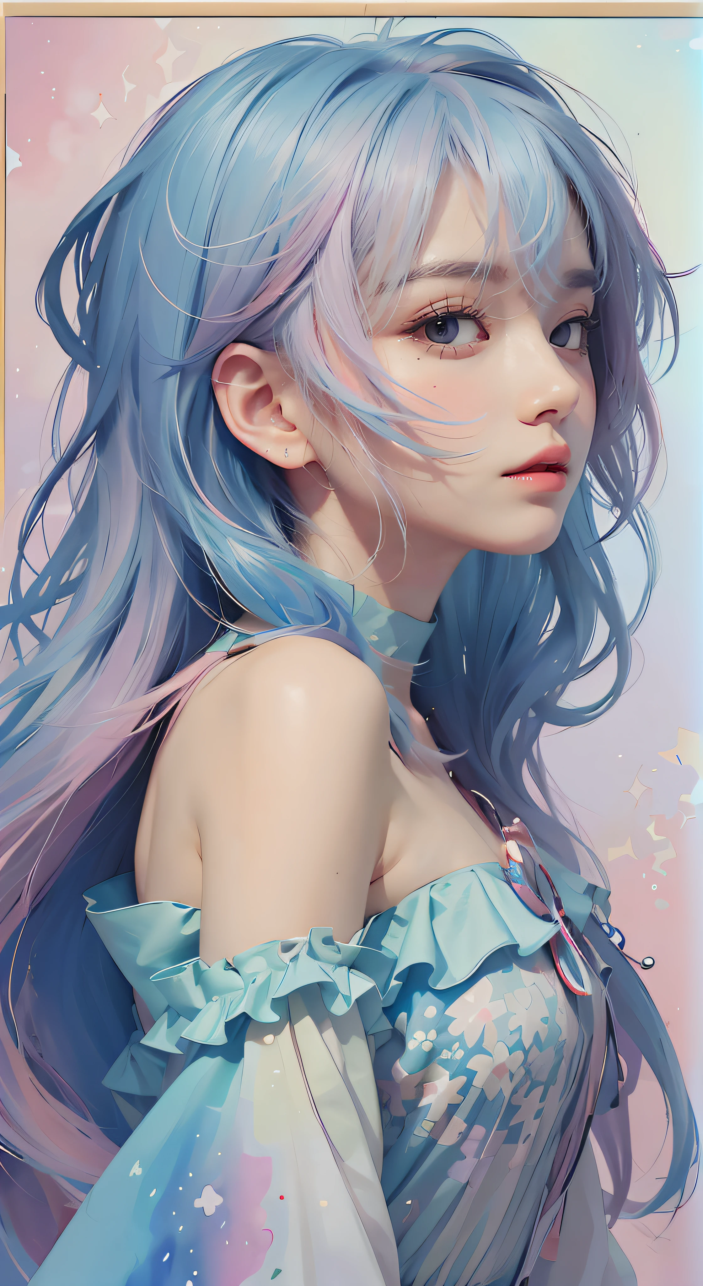 _james jean, floating female figure made of ribbons, smoke, in the sky, colorful and vibrant, mystical colors, contemporary impressionism, yanjun cheng portrait painting, iridescent painting, 3/4 perspective view, cute face, low angle, sweeping circling composition, large beautiful crystal eyes, big irises, UHD, HDR, 8K, (Masterpiece:1. 5), (the most beautiful portrait in the world:1.5)