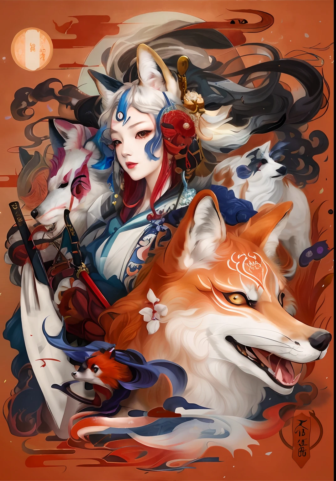 a woman with a white wolf and red hair holding a sword, detailed art, a beautiful kitsune woman, onmyoji, japanese art style, fox nobushi, kitsune, a beautiful fox lady, amaterasu, by Yang J, guweiz, kitsune three - tailed fox