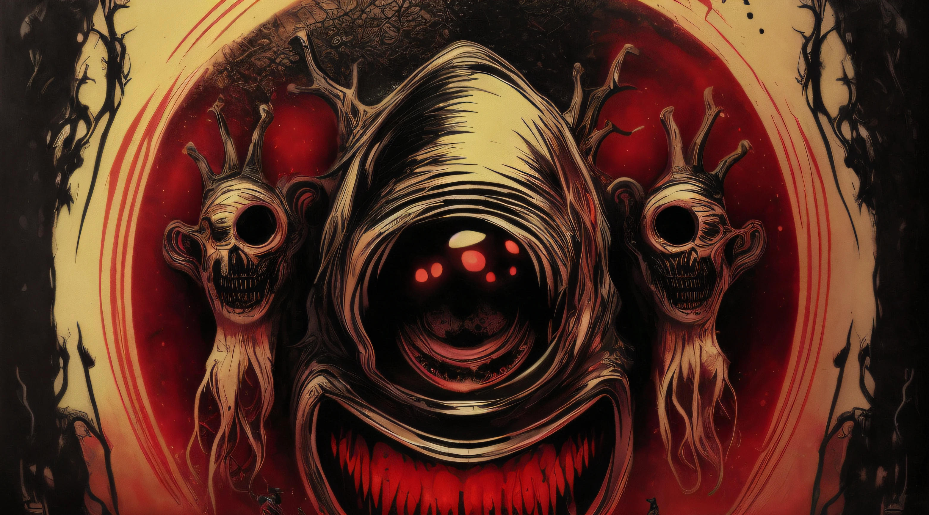 Close-up of a poster with a creepy face and two creepy hands, Lovecratftianischer Horror, Kosmische Horrorkreatur, chaos nightmare ❄️ amour venom, Detailliertes Cover-Artwork, von James Cromar Watt, Kosmische Horror-Illustration, Elegantes Horror-Artwork, Cover-Art, Kosmischer Horror!!!, Offizielles Poster-Artwork, Album-Artwork, Offizielles Artwork, CD-Cover-Artwork, Filmischer Horror, ohne schriftzug