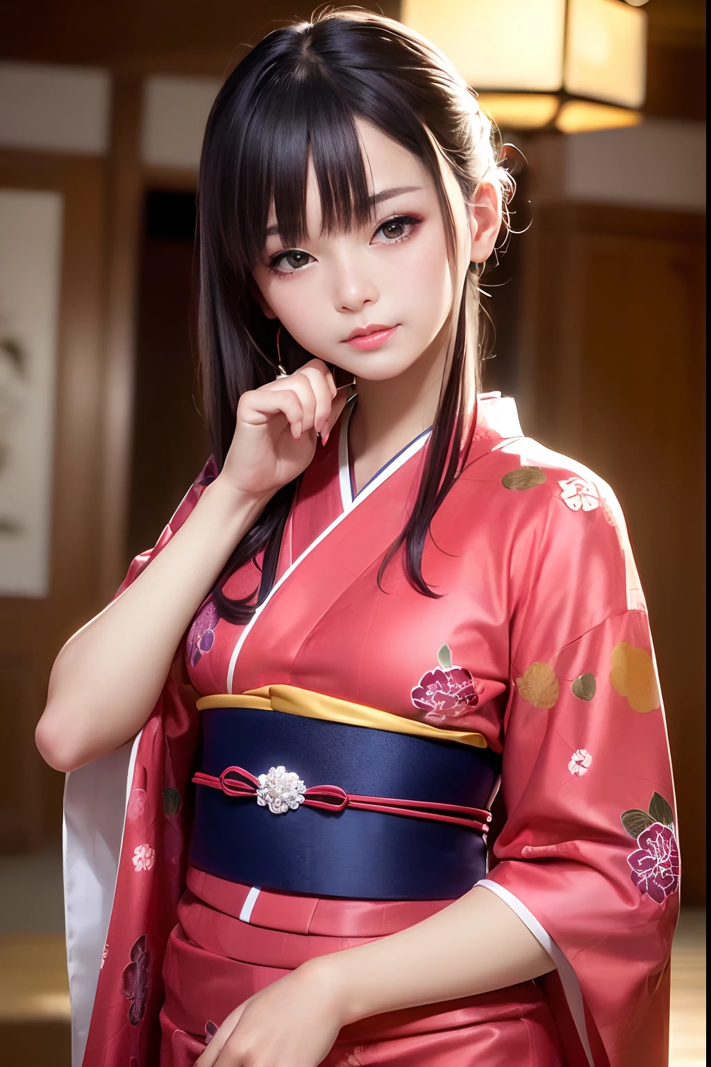 Upper body from the waist up、Are sleeping、nap、（Sleeping with your eyes closed）、(４In K、​masterpiece、hight resolution、Realistic and beautiful light and shadow、One girl、Solo Focus、(top-quality)、(Hi-Res)、(extremely delicate and beautiful)、(Beautiful 8k face)、(Brown-eyed)、(I close my eyes while smiling.)、(独奏)、(Clear skin)、(Soft hair)、(hugetits)、(Plaid kimono, Red and blue floral yukata)、((Awa Odori Pose))、((Bokeh lantern light night background))、((speedo))、(reality)、thin and small nose、（red lipsticks）、（Reddening cheeks）、poneyTail、（Lustrous skin）、((Ukiyo-e style))、Ultra-thin eyebrows、Ultra high image quality、（Wearing maiko-style makeup）、skin whitening、long and beautiful lashes、Turning around in the style of a Kyoto magazine model、((s asleep))、Lustrous skin、（Red-dyed cheeks）