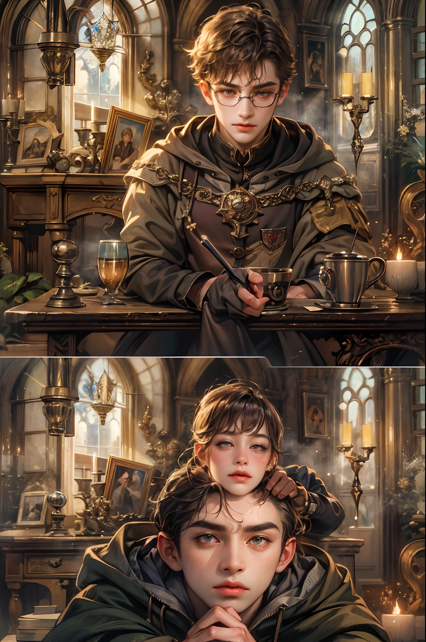 Masterpiece, best quality, wizard tea party, magic tea party, magic, chibi, handsome male witch, highly detailed realistic eyes, happy, vibrant, colorful, rich expressions, rich eyes
