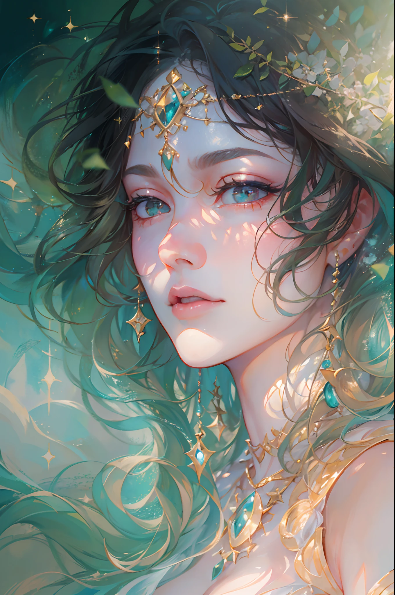 (senti:Fantastic) Woman with beautiful jewels shining with twinkling light. A woman who exudes divinity like a goddess. A new world is reflected in the jewel. The background is black and shimmering.effect///Fluffy pastel colors.fine brushes,(XF 35mm F1 key.4 R,F1.4,Maximum aperture,become blunt:1.5) Rough, detailed watercolour, soft and fantastic, pastel, Fluffy, (extremely fine and beautiful), (Perfect Detail)、(pastel color),Soft texture:1.2.(masutepiece, Best Quality), (finely detailed beautiful eye), (finely detailed eyes and detailed face),The tones are also visibly luminous.Pale blurred contours,Unobtrusive lighting, moody atmosphere,subtle highlights