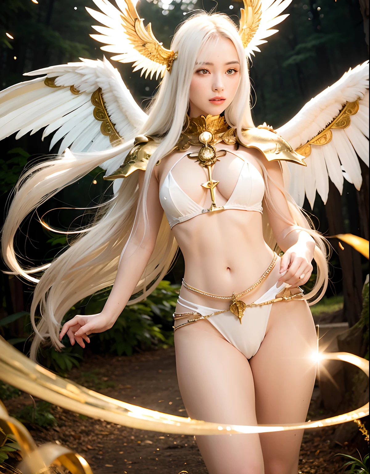 Professional , masterpiece、top-quality、photos realistic , depth of fields 、(White bikini armor)、(Particles of light)、Jewel Gold Weapon、Particles of light),Gorgeous gold weapons ,(( Gorgeous Dragon Sword)) , (White angel wings grow),(maikurobikini) 、((White hair))、(Castle background)、((Gangle's forest background))、Beautiful Caucasian beauty、1a person、dynamic ungle,(((A small ring of light floating overhead)))、Smaller head、Idle Smile、Thin and beautiful female hands、Mystical expression、Light Effects、intense fighting、Wind-effect、magic circles、(White angel wings grow)、