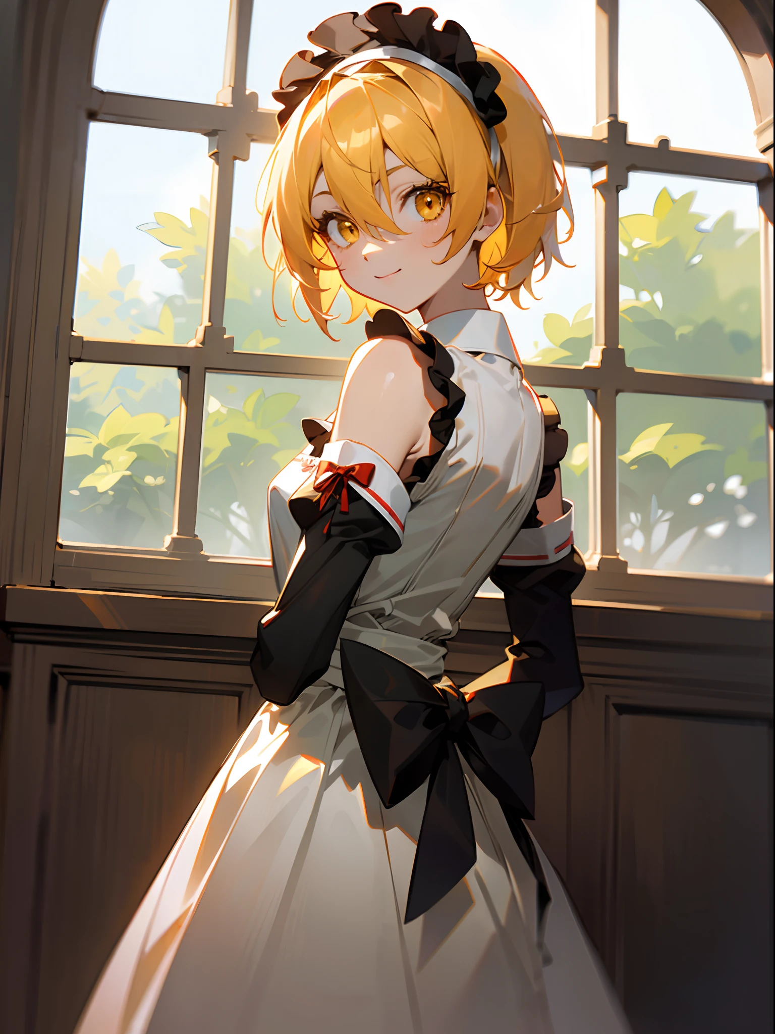 (masterpiece, sidelighting, finely detailed beautiful eyes: 1.2), ((best quality)), ((masterpiece)), (highly detailed:1.3),anime, (2d:1.2), indoors, 1girl, roswaal mansion, maid uniform, solo, maid, golden yellow eyes, short hair, bow hairband, messy hair, hair between eyes, detached sleeves, looking at viewer, red hairband, ribbon, bangs, looking back, bow, golden blonde hair, orange highlights, red ribbon, black sleeves, window, long sleeves, apron, white bow, frills, ribbon trim, light smile, own hands together,