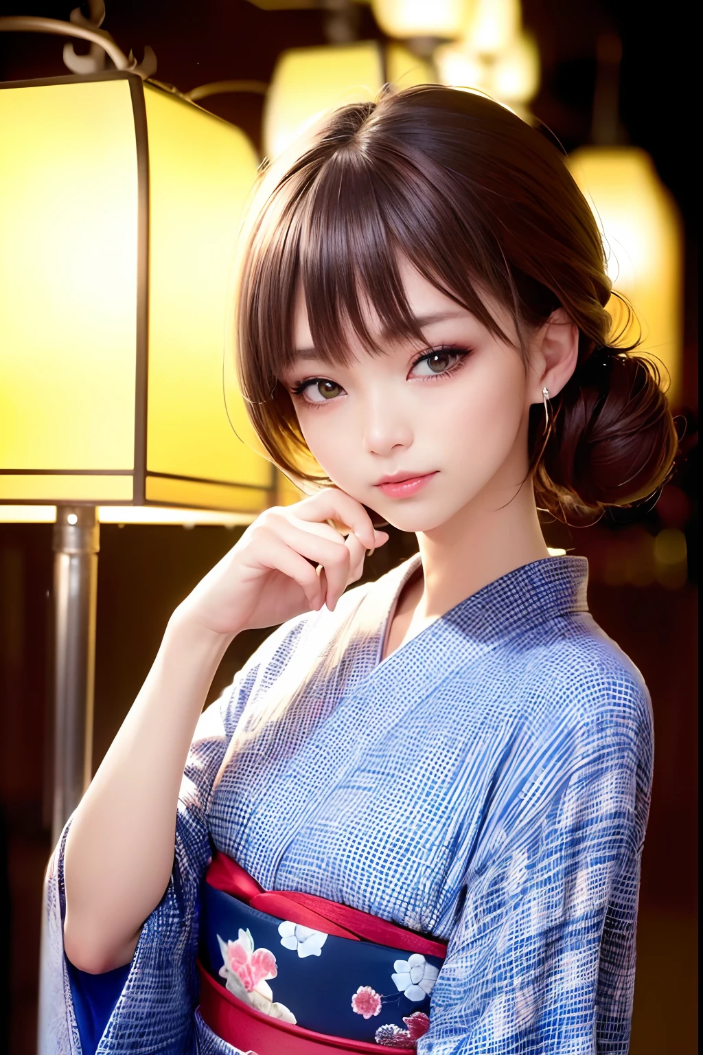 (alone、1. Japanese women:1.2), Light brown hair, (Single hair bun:1.1), yukata、Center of chest, Ultra-fine face, Great writing、Thin face, Delicate lips, (Beautiful Eyes:1.3), ((Embarrassing:1.3)), blush with embarrassment, (Looking into the camera:1.3)、Please place your hand on your chest、8K, Very detailed, high quality, 最high quality, High resolution