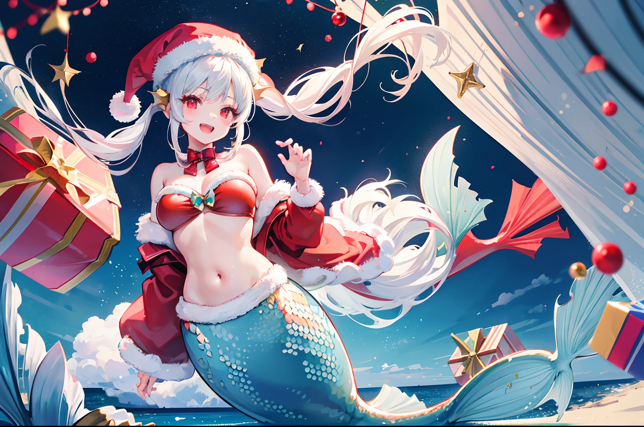 Best Quality, Extremely detailed, Anime, 1girl in, Solo, Laughing, Standing, Dynamic Angle, (mermaid:1.4), (santa costume|Bikini), santa hat, Red Eyes, (Twin tail:1.2), White hair, Christmas tree, Christmas, at sea,