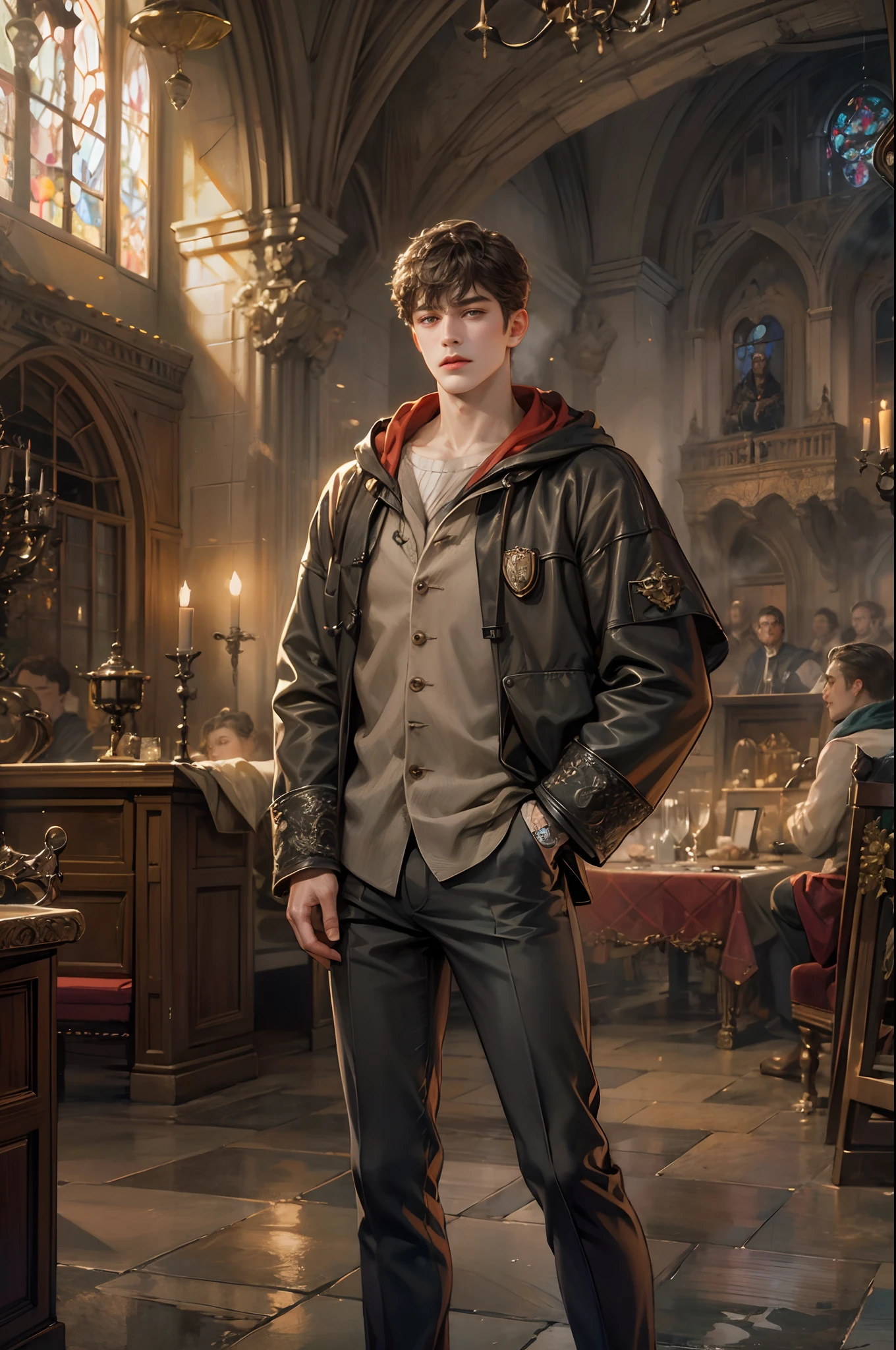 (absurdres, highres, ultra detailed, HDR), masterpiece, best quality, Harry Potter character inside hogwarts, handsome face, anime eyes, detailed interior, detailed character