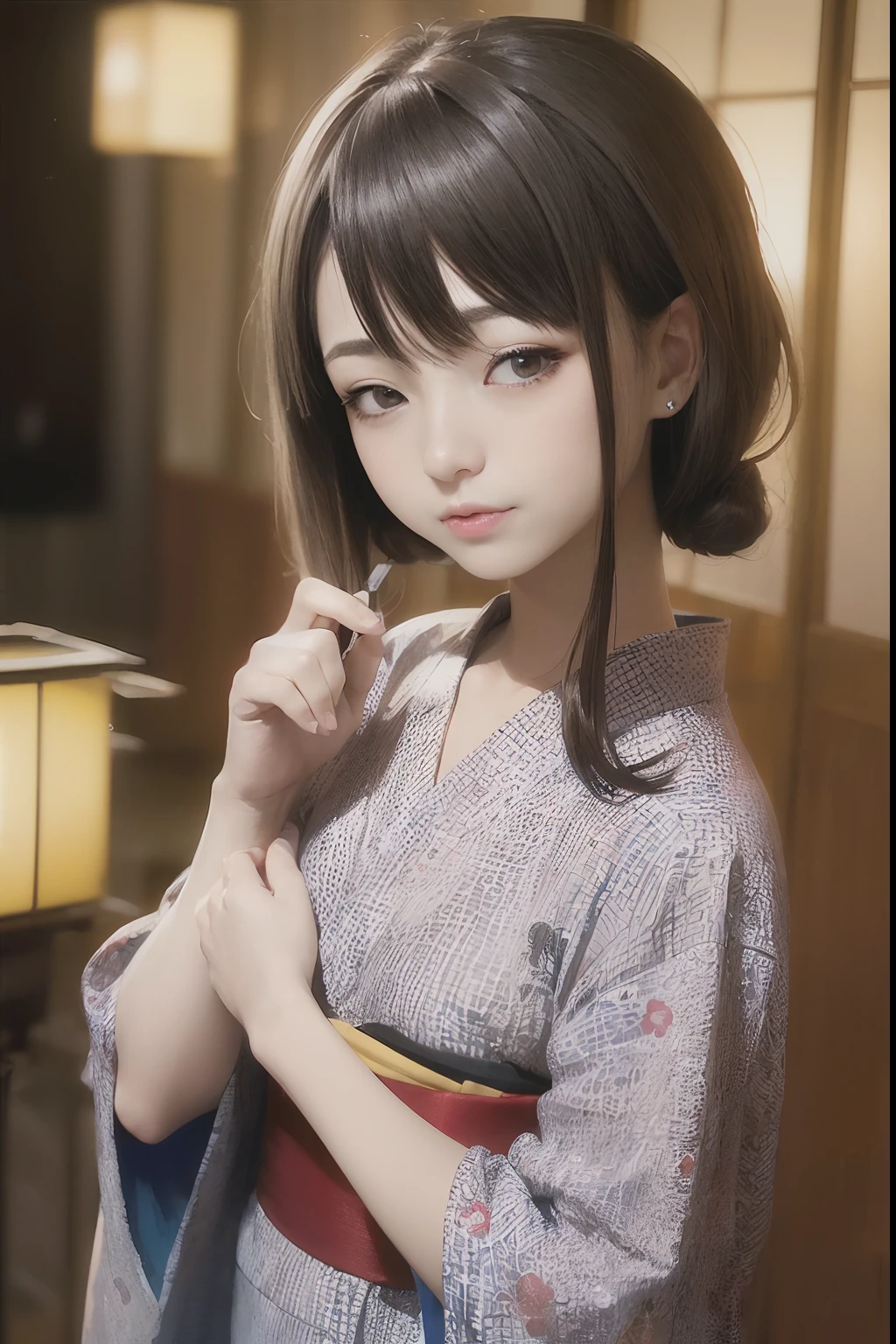 Upper body from the waist up、Are sleeping、nap、(Sleeping with your eyes closed)、(4In K、masterpiece、hight resolution、Realistic and beautiful light and shadow、One girl、Solo Focus、(top-quality)、(Hi-Res)、(extremely delicate and beautiful)、(Beautiful 8k face)、(Brown-eyed)、(I close my eyes while smiling.)、(独奏)、(Clear skin)、(Soft hair)、(hugetits)、(Plaid kimono, Red and blue floral yukata)、((Awa Odori Pose))、((Bokeh lantern light night background))、((speedo))、(reality)、thin and small nose、(red lipsticks)、(Reddening cheeks)、poneyTail、(Lustrous skin)、((Ukiyo-e style))、Ultra-thin eyebrows、Ultra high image quality、(Wearing maiko-style makeup)、skin whitening、long and beautiful lashes、Turning around in the style of a Kyoto magazine model、((s asleep))、Lustrous skin、(Red-dyed cheeks)