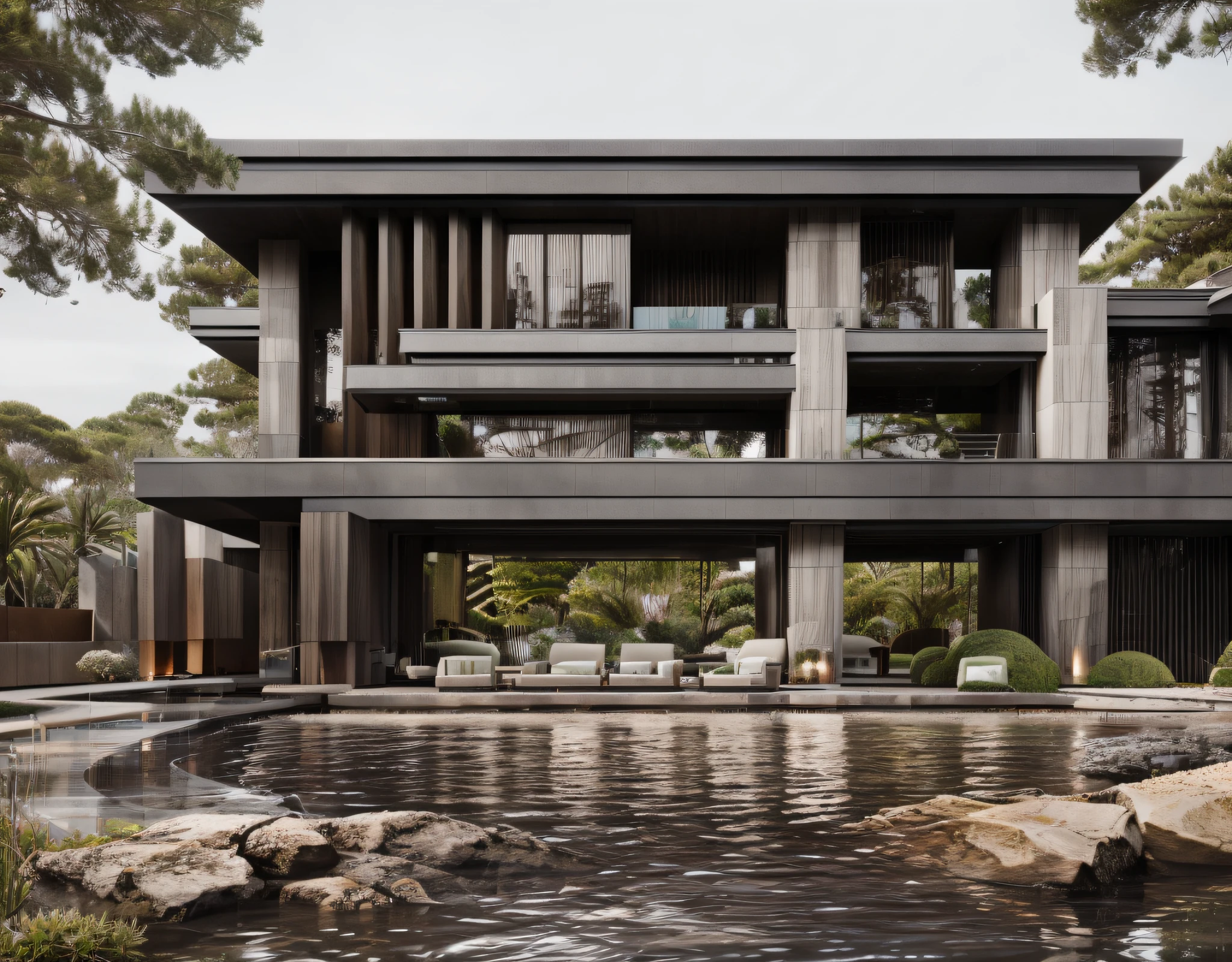 Organic modern architecture on a fairly large plot, There is a swimming pool in the middle of a large one-story house, cor da casa em vigas marrom chocolate e preto, large modern residence, telhados planos e jardim, render luxcore, render oktane, a photorealistic rendering, architectural render, mantra rendering, architectural render, realism rendering, architectural visualisation, piscina de bem-estar, architectural visualisation, grandes zonas verdes, com pequenas zonas de flores de lavanda, arbustos verdes tipo exuberante jardim verde, swimming pool embedded in an area of sand, oliveiras e pinheiros ao redor da casa,