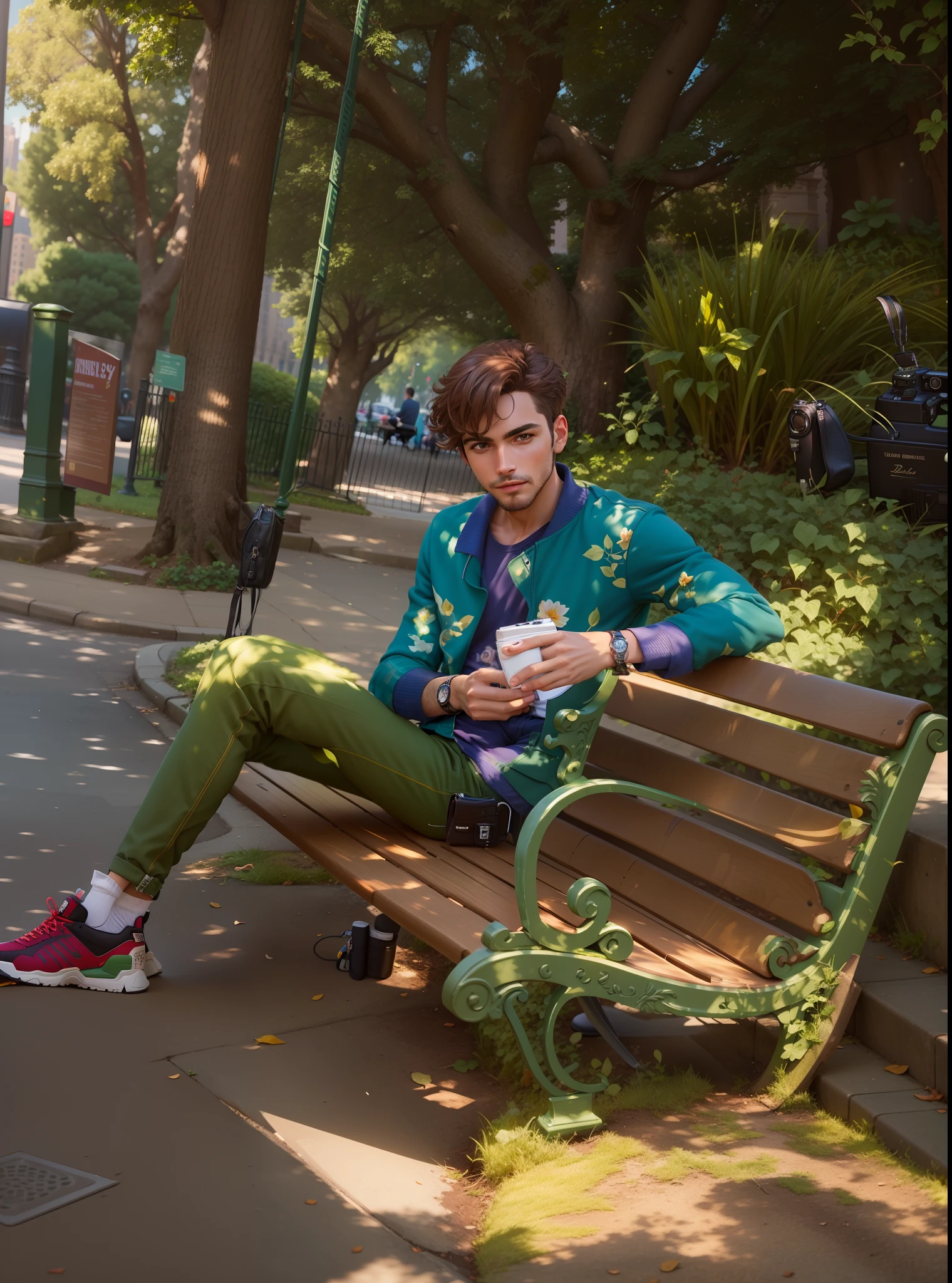 there is a man sitting on a green bench in the park, sitting on a park bench, sitting on bench, stylish pose, taken with sony a7r camera, casual photography, sitting on a bench, taken with canon eos 5 d mark iv, very artistic pose, taken with a canon dslr camera, shot on nikon z9, full body photogenic shot