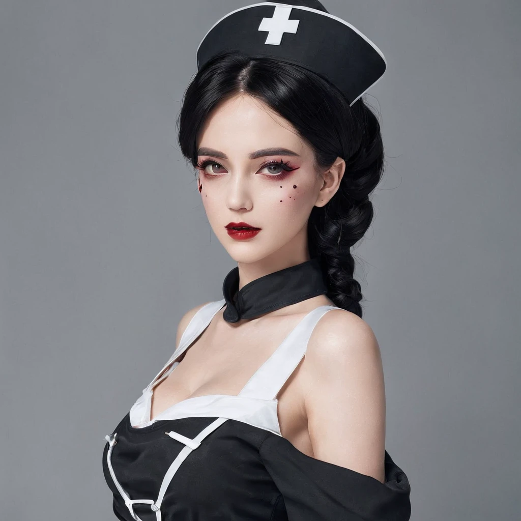 Girl in Nurse Costume、short dark hair、Gothic makeup、big soft breasts、emphasizing breasts、Take off your clothes a little、full bodyesbian