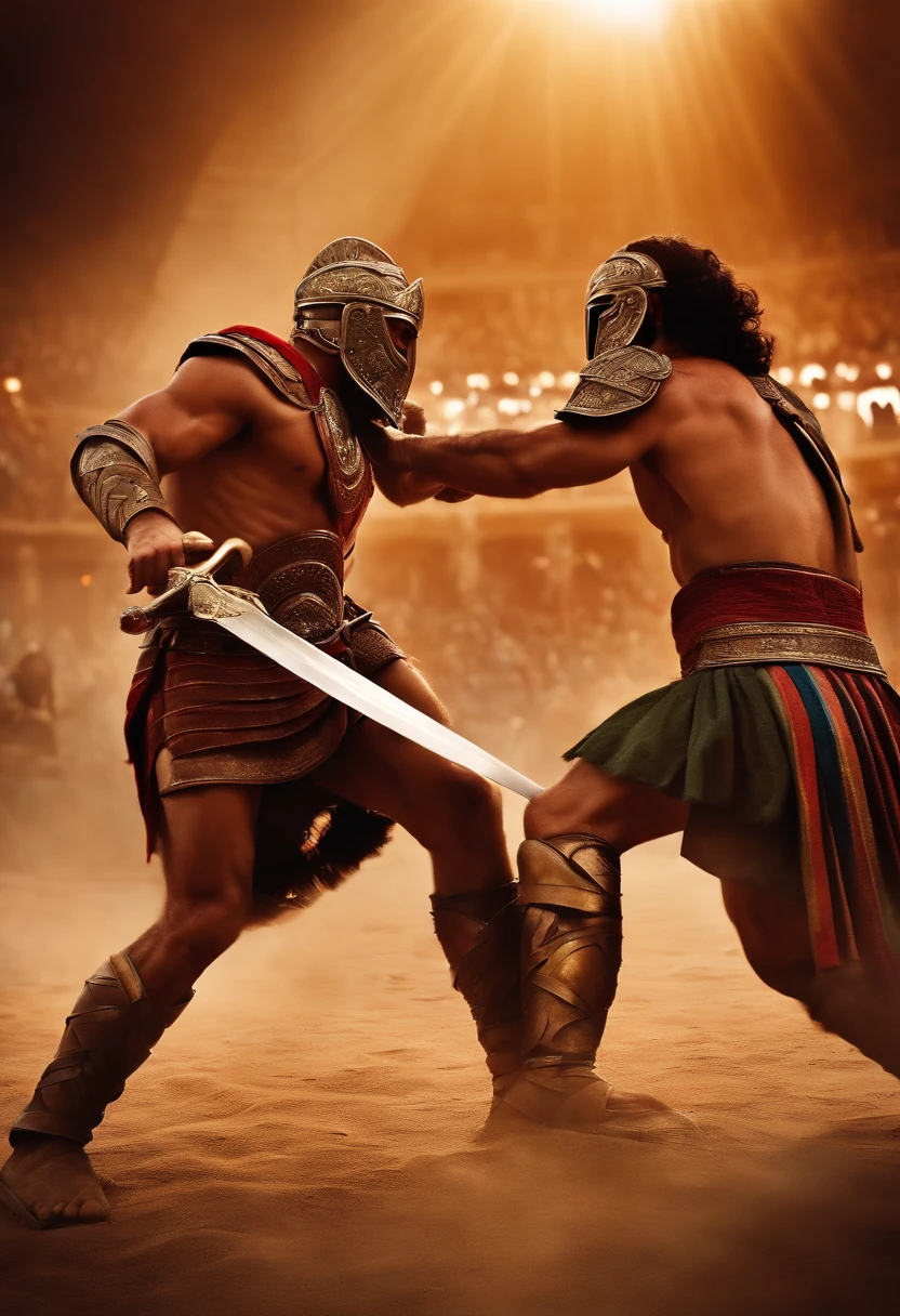 gladiators fighting with swords, coliseum, lion