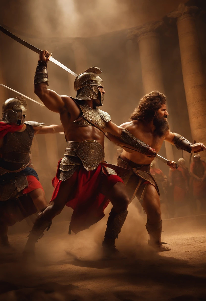 gladiators fighting with swords, coliseum, lion