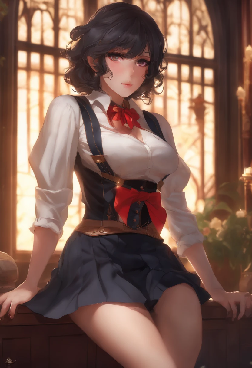 Beautiful, Masterpiece, Best quality, Extremely detailed face, Perfect lighting, 1girll, Solo, Mato Well Ryuko B, Chiyue, suspender skirt, crouched,Blush, Cowboy shot