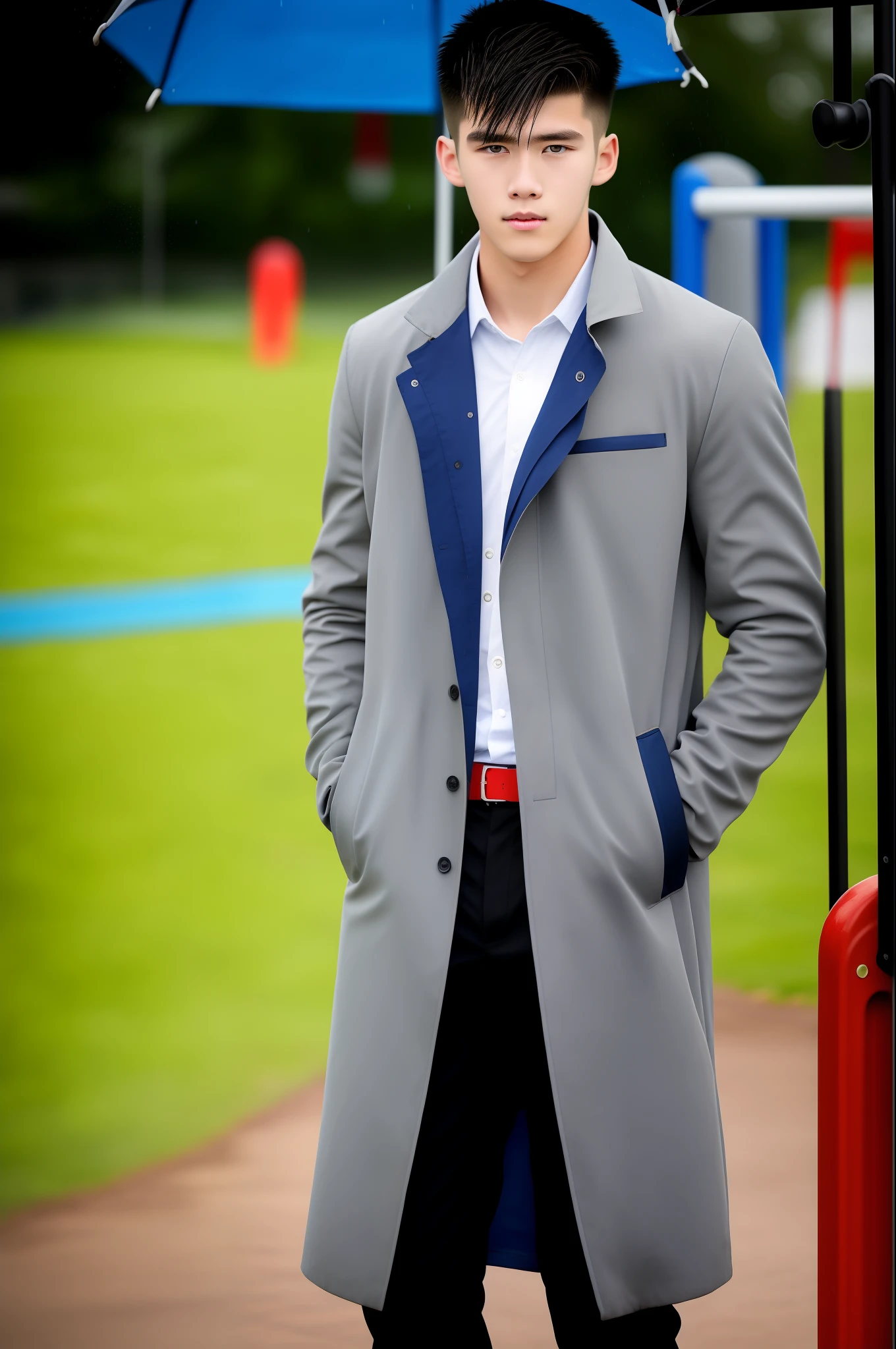 18-year-old man, dressed in revealing clothes, sexy 6-pack body, sweaty sexy dress coat, gray-blue clothes, students, college, dashing, natural, handsome, authoritarian, powerful aura, exquisite facial features, facial details, man standing on a huge playground, the sky is raining heavily, rain mixed with sweat on the man's body, school playground, The background is on a