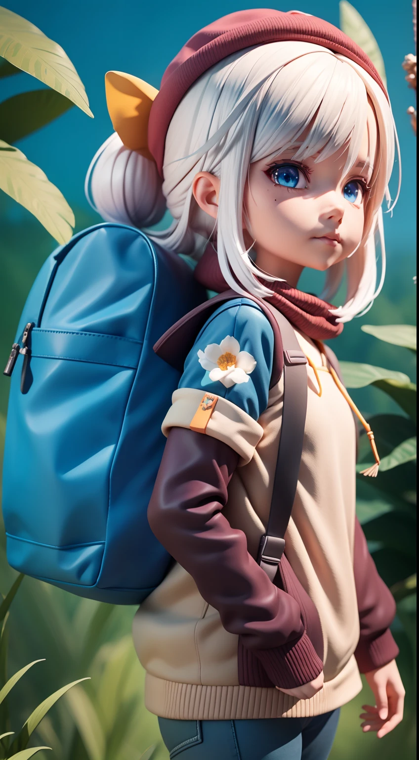 There is a poster with a cartoon character in a hat and backpack, female explorer mini cute girl, white hair and blue eyes, walking in the wilderness, flower jungle, animation style rendering, cute 3 D rendering, small characters. Unreal Engine 5, stylized anime, cute detailed digital art, Atey Ghailan 8 K, stylized 3D rendering, adventure surreal rendering, anime style 3D, 3D rendering stylized